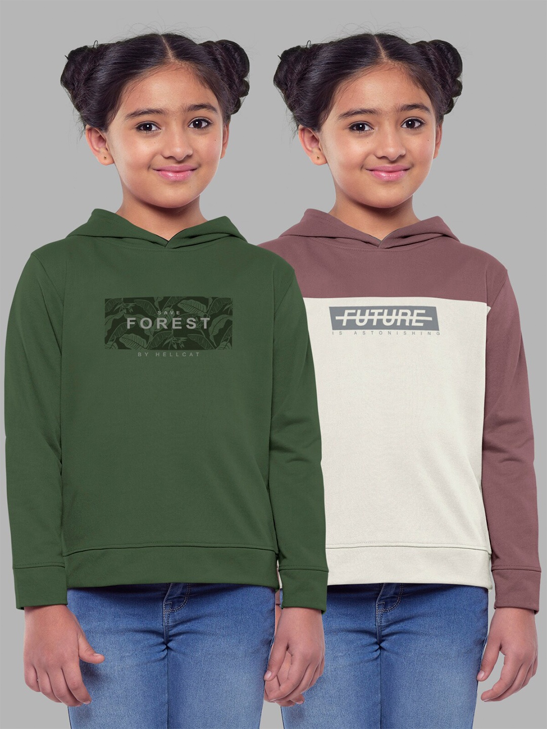 

HELLCAT Girls Pack of 2 Printed Hooded Cotton Sweatshirt, Taupe