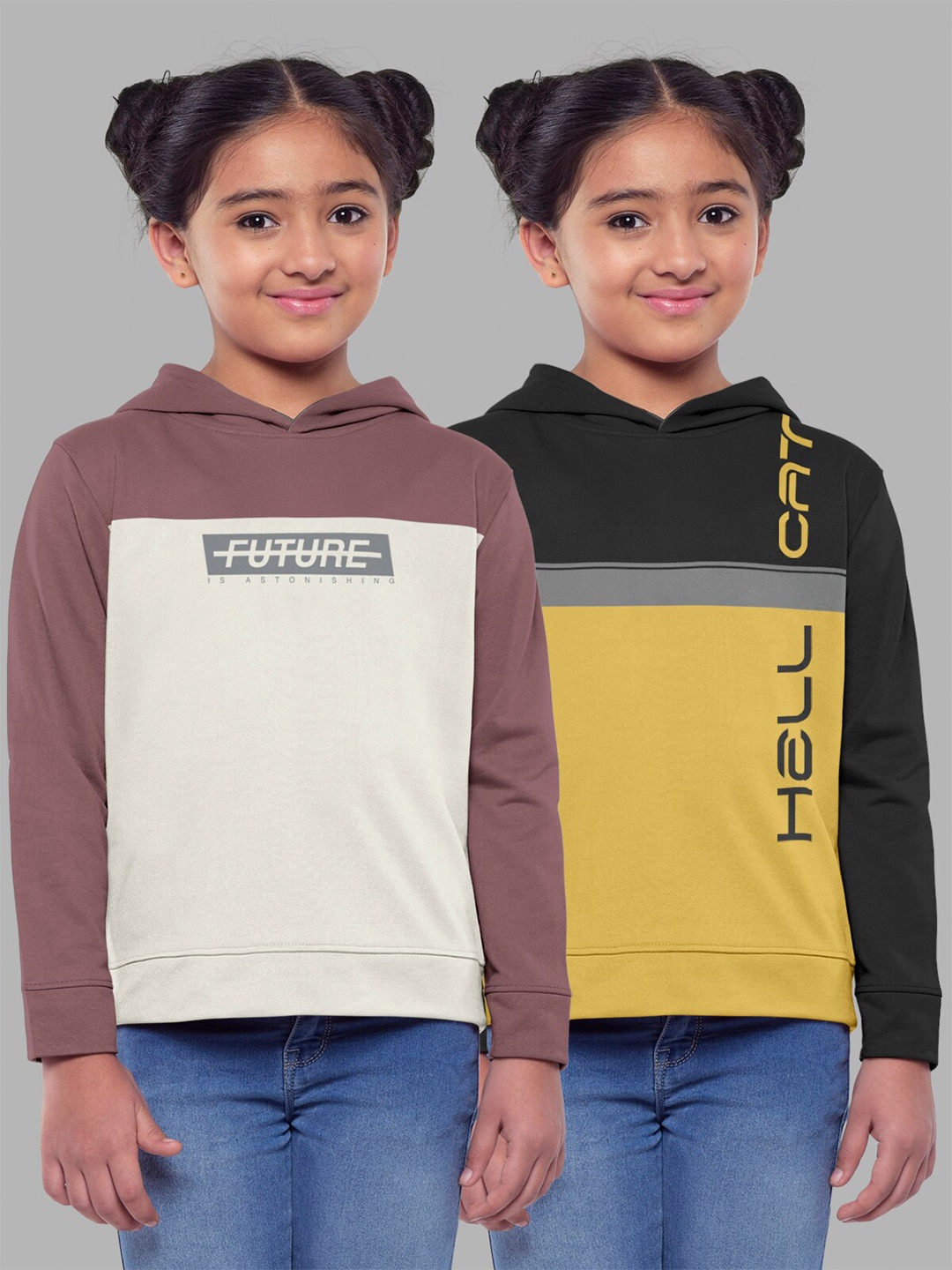 

HELLCAT Girls Pack of 2 Colourblocked Hooded Cotton Sweatshirt, Taupe