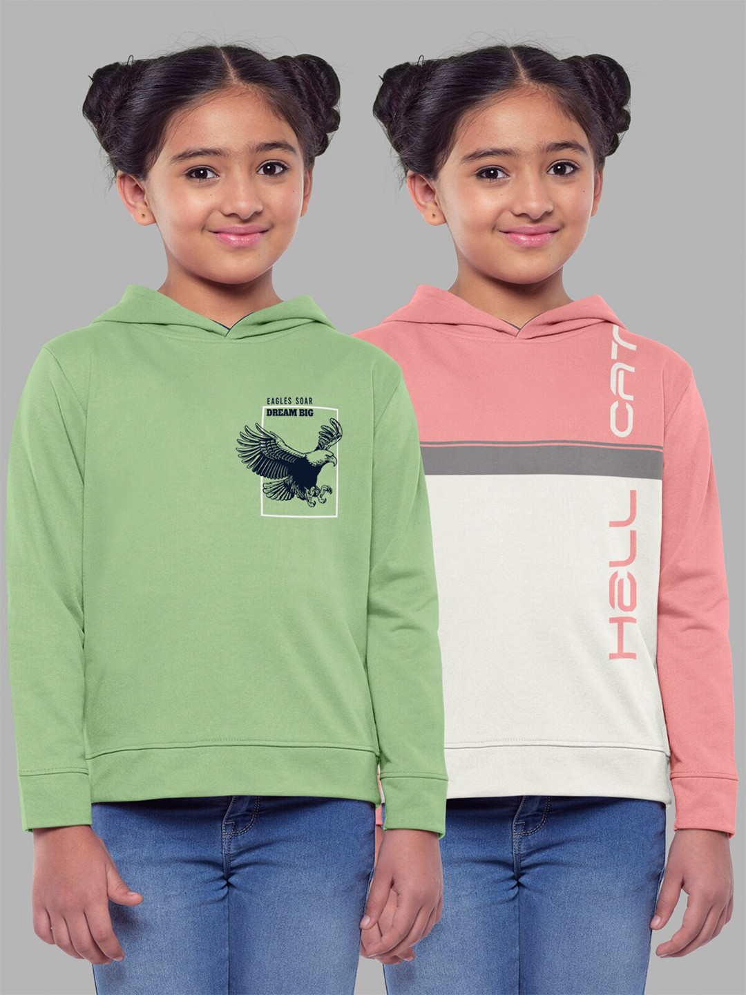 

HELLCAT Girls Pack of 2 Printed Hooded Cotton Sweatshirt, Green