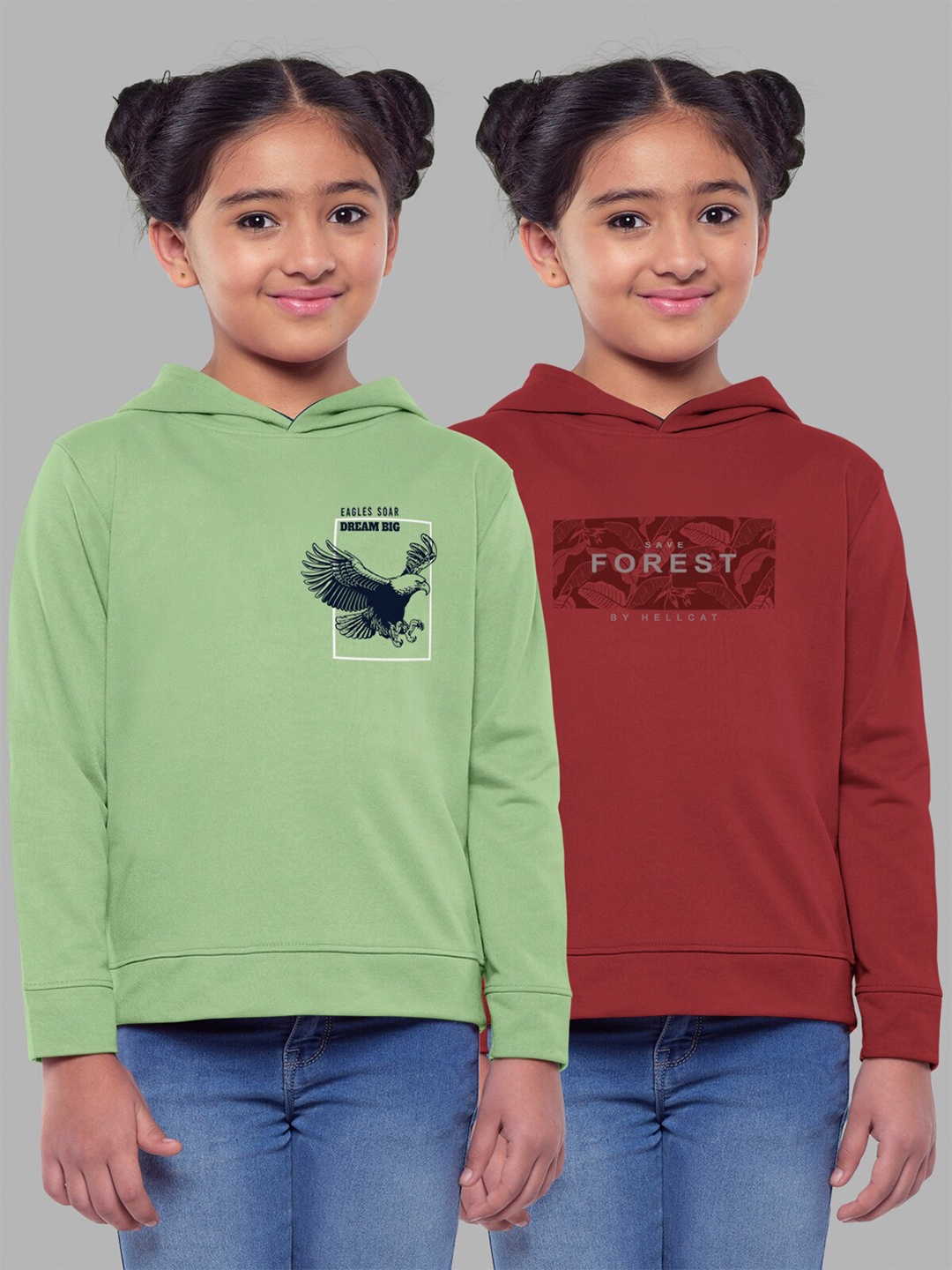 

HELLCAT Girls Pack of 2 Printed Hooded Cotton Sweatshirt, Red