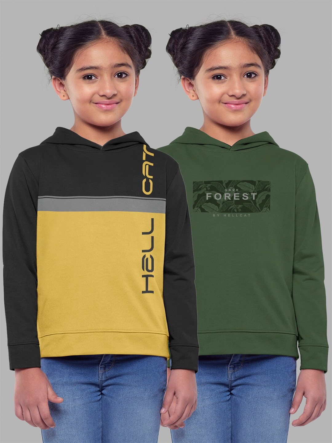 

HELLCAT Girls Pack of 2 Colourblocked Hooded Cotton Sweatshirt, Olive