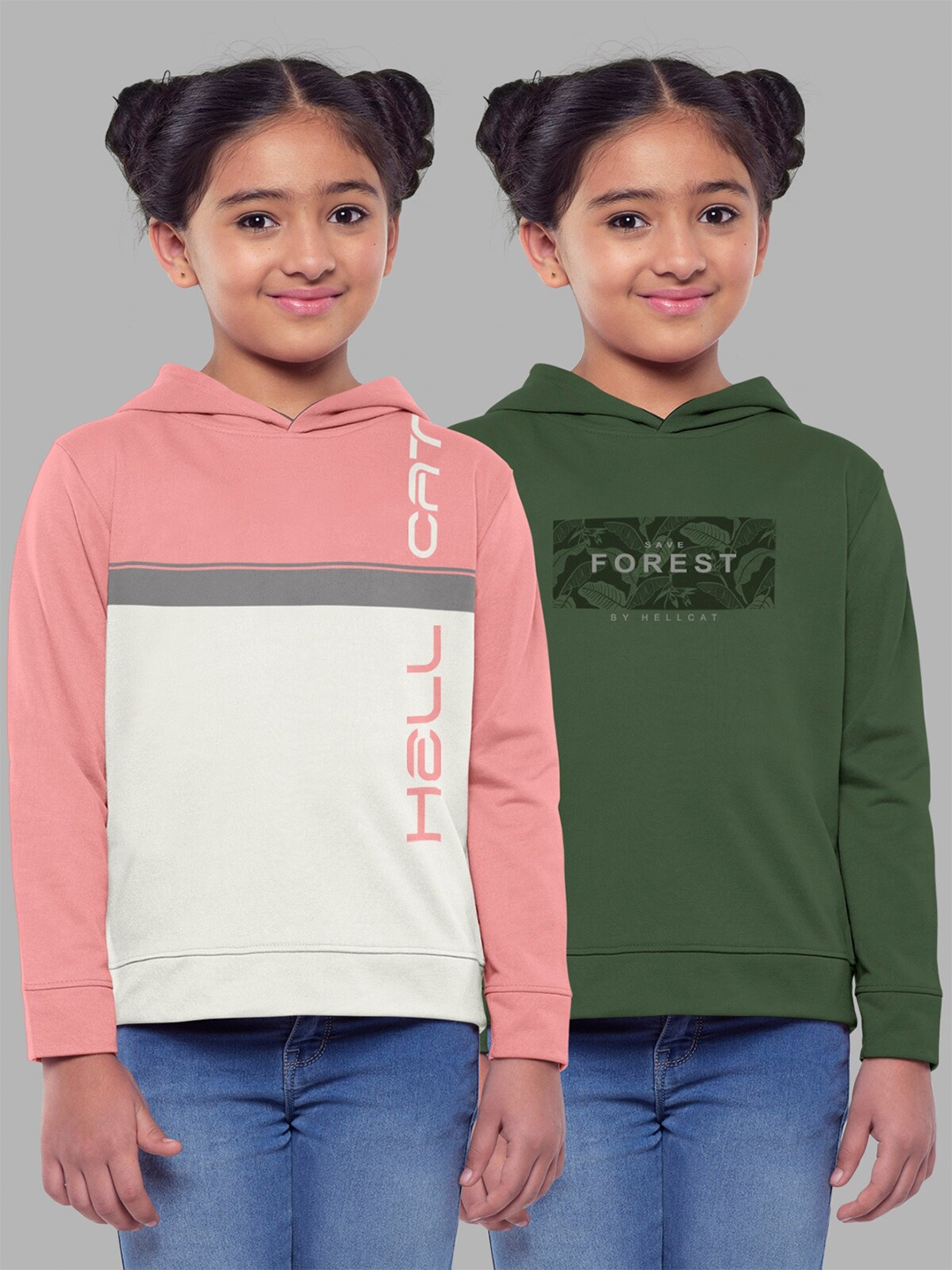 

HELLCAT Girls Pack of 2 Colourblocked Hooded Cotton Sweatshirt, Olive