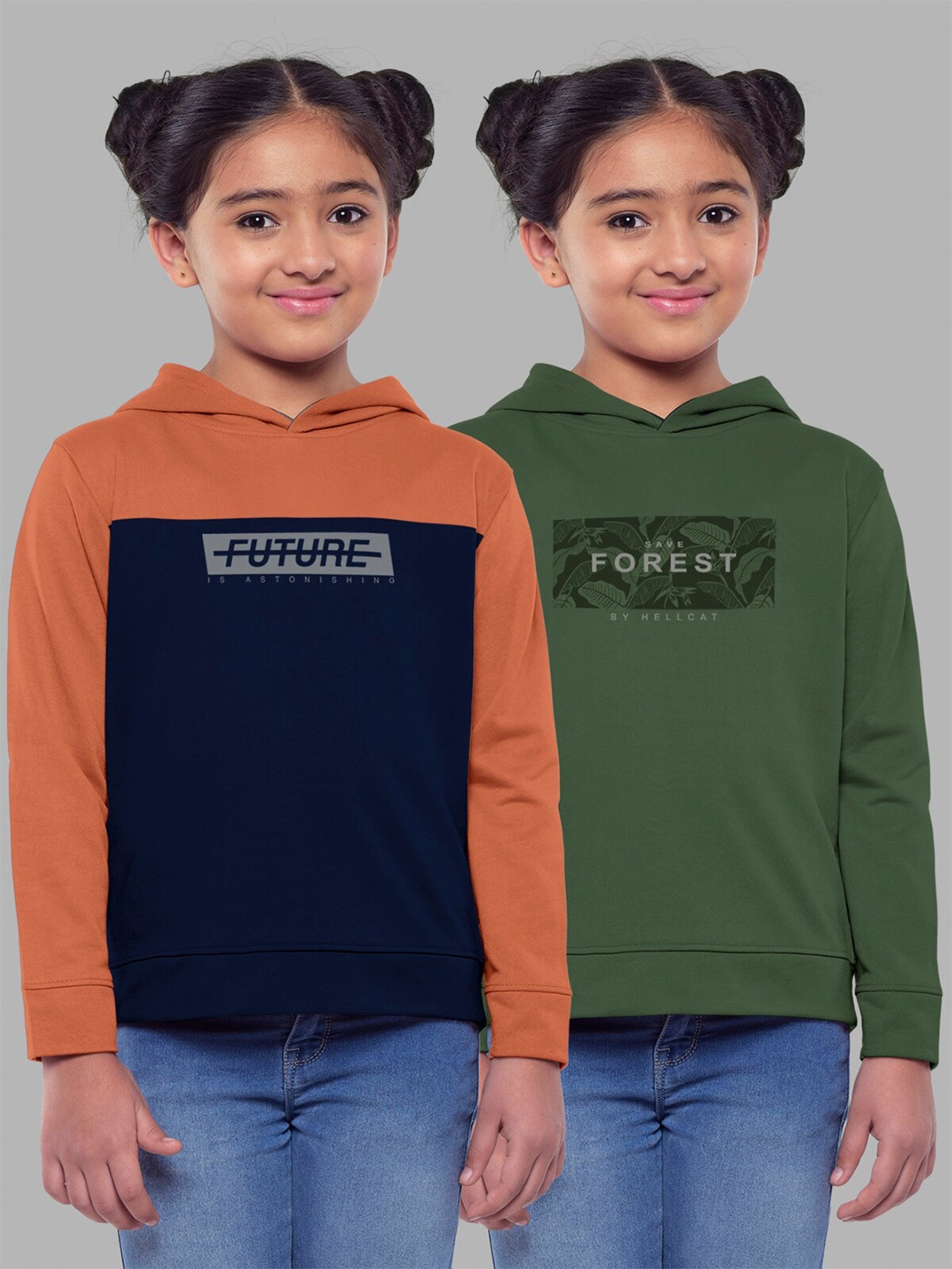 

HELLCAT Girls Pack of 2 Printed Hooded Cotton Sweatshirt, Olive