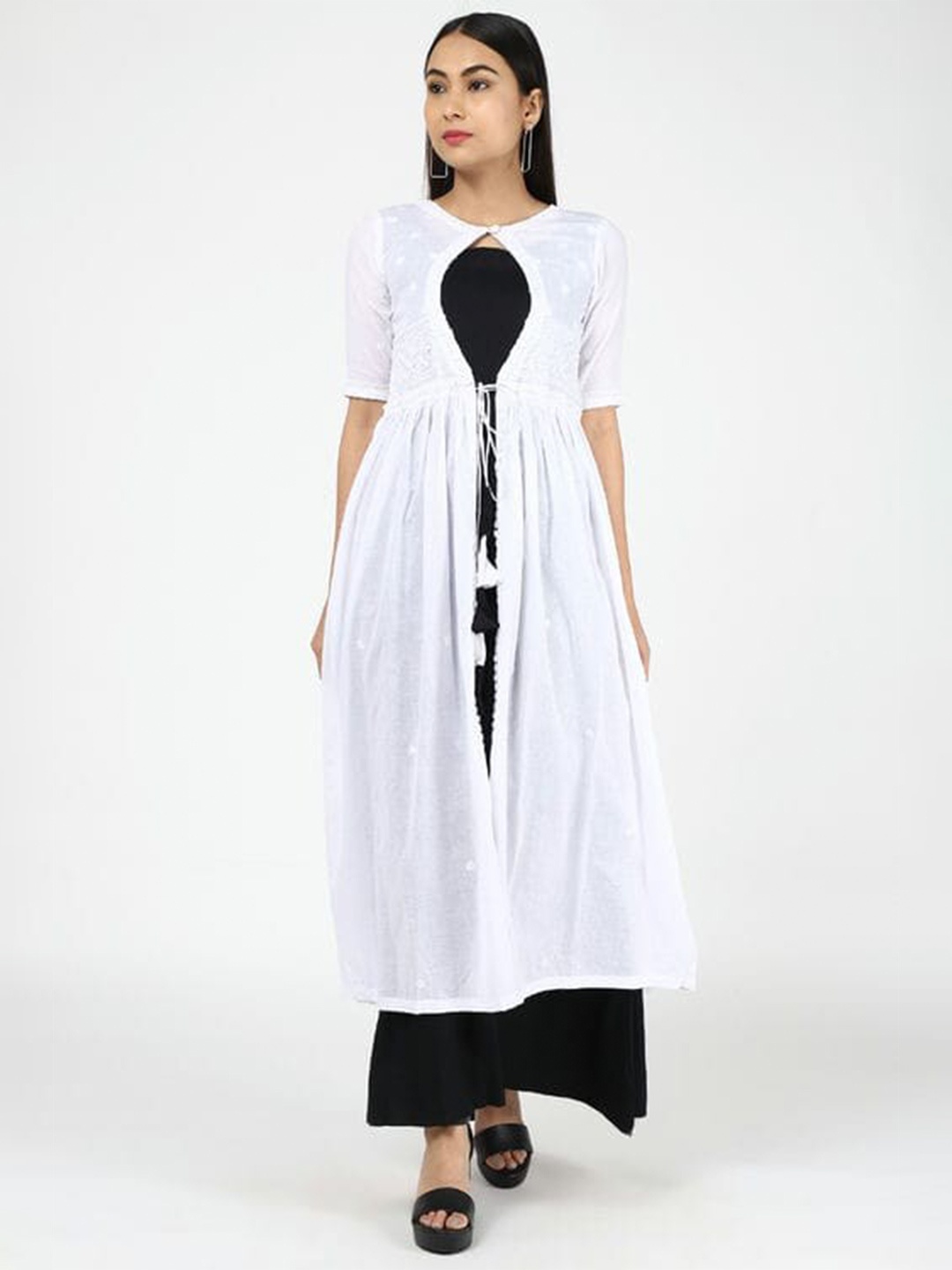 

SHADES Round Neck Flared Cotton Kurta, White