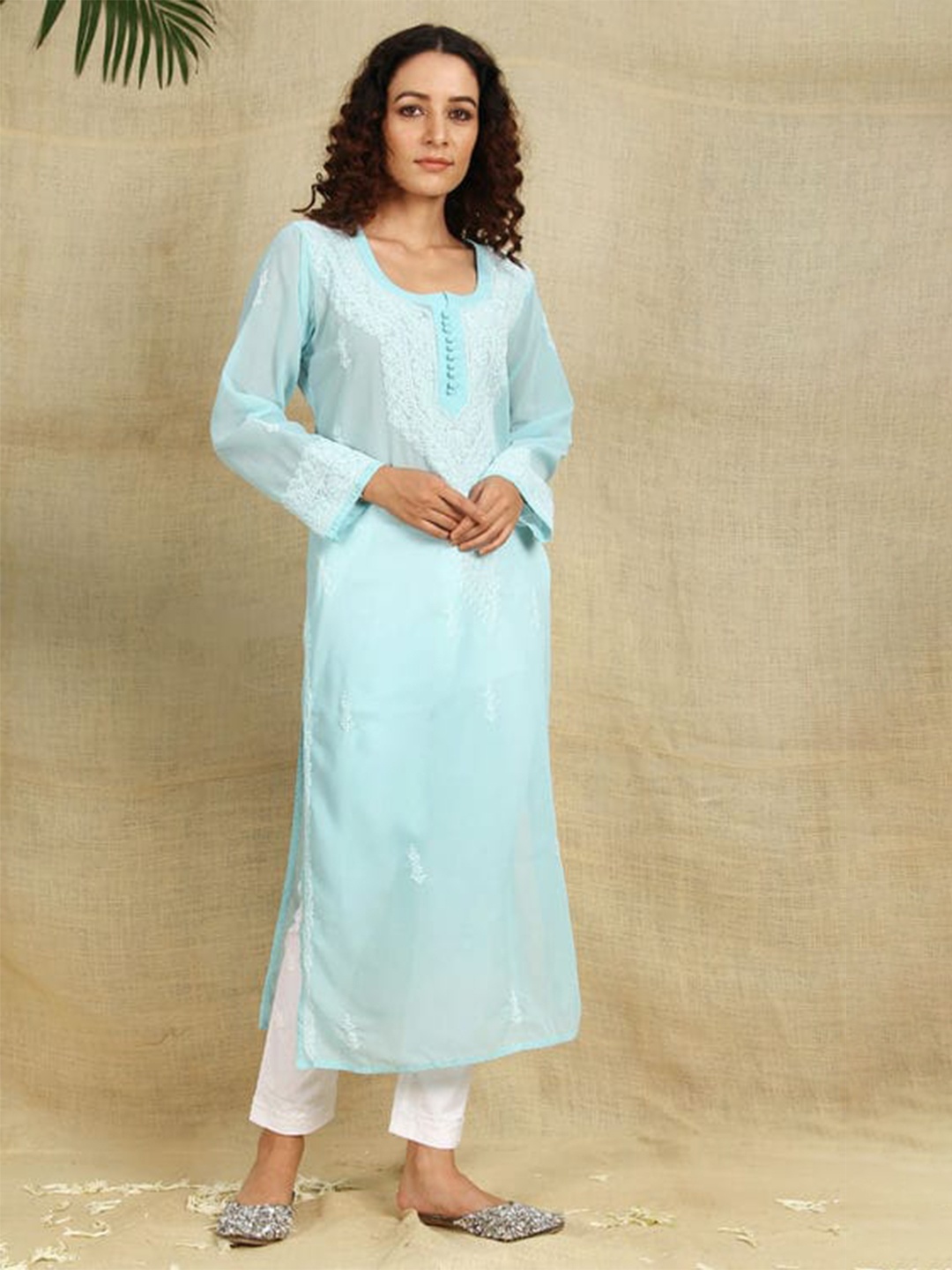 

SHADES OF FAASHION Ethnic Motifs Chikankari Georgette Kurta, Blue