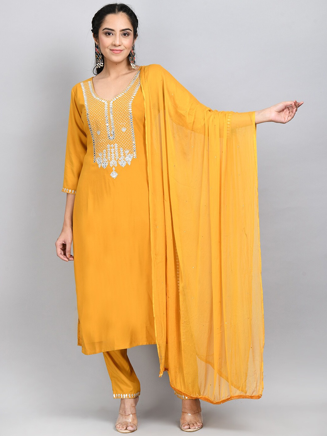 

DesiNoor.com Ethnic Motifs Yoke Design Mirror Work Kurta Set, Yellow