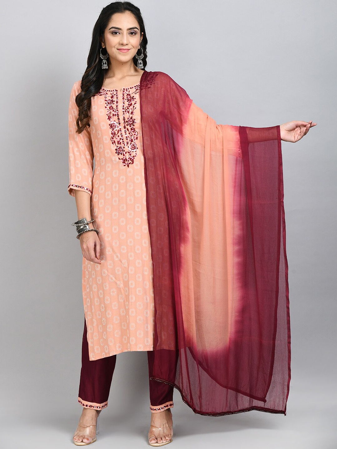 

DesiNoor.com Floral Embroidered Mirror Work Kurta With Trousers & Dupatta, Pink
