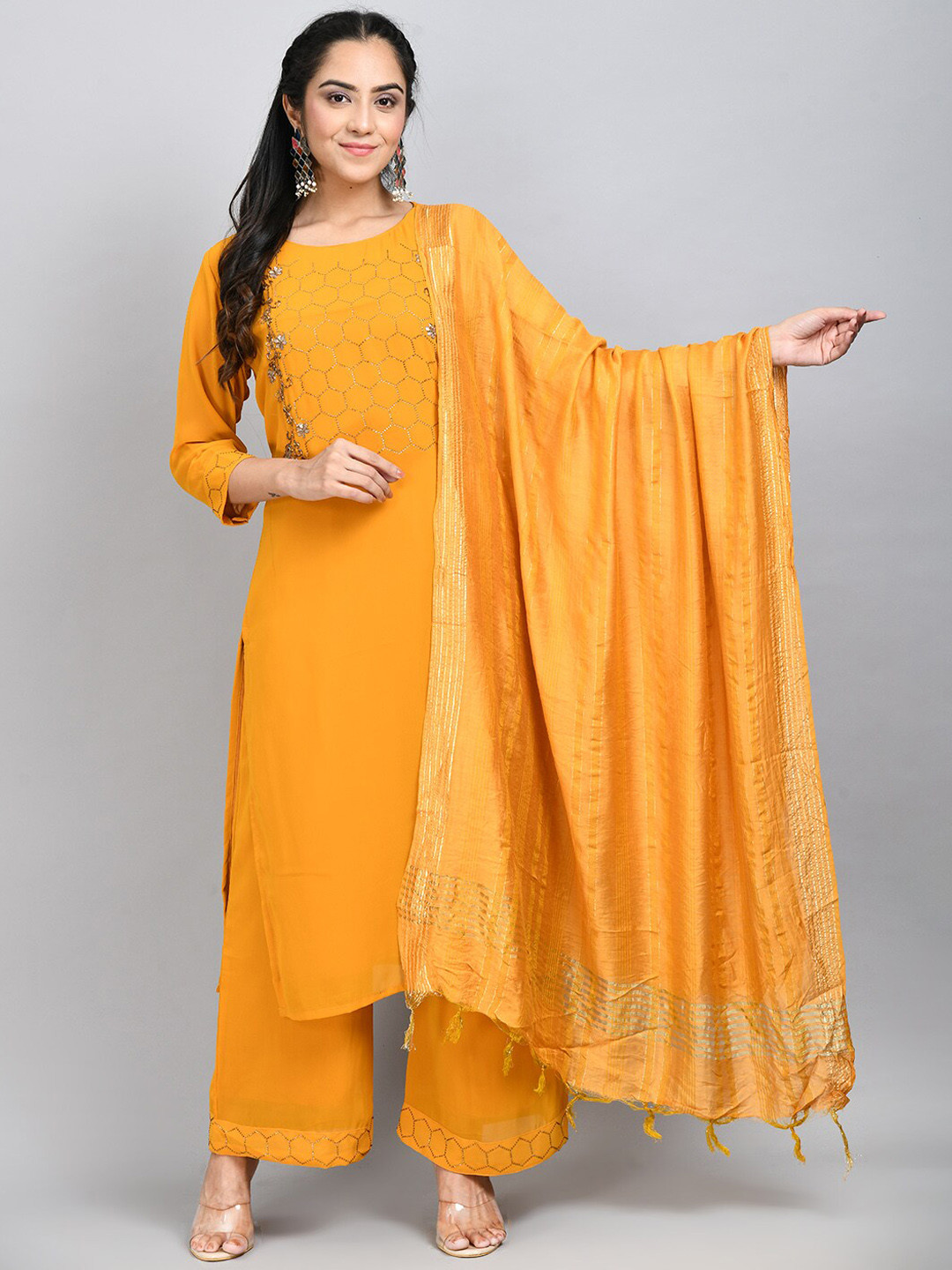 

DesiNoor.com Beads and Stones Embroidered Kurta With Palazzos & Dupatta, Yellow