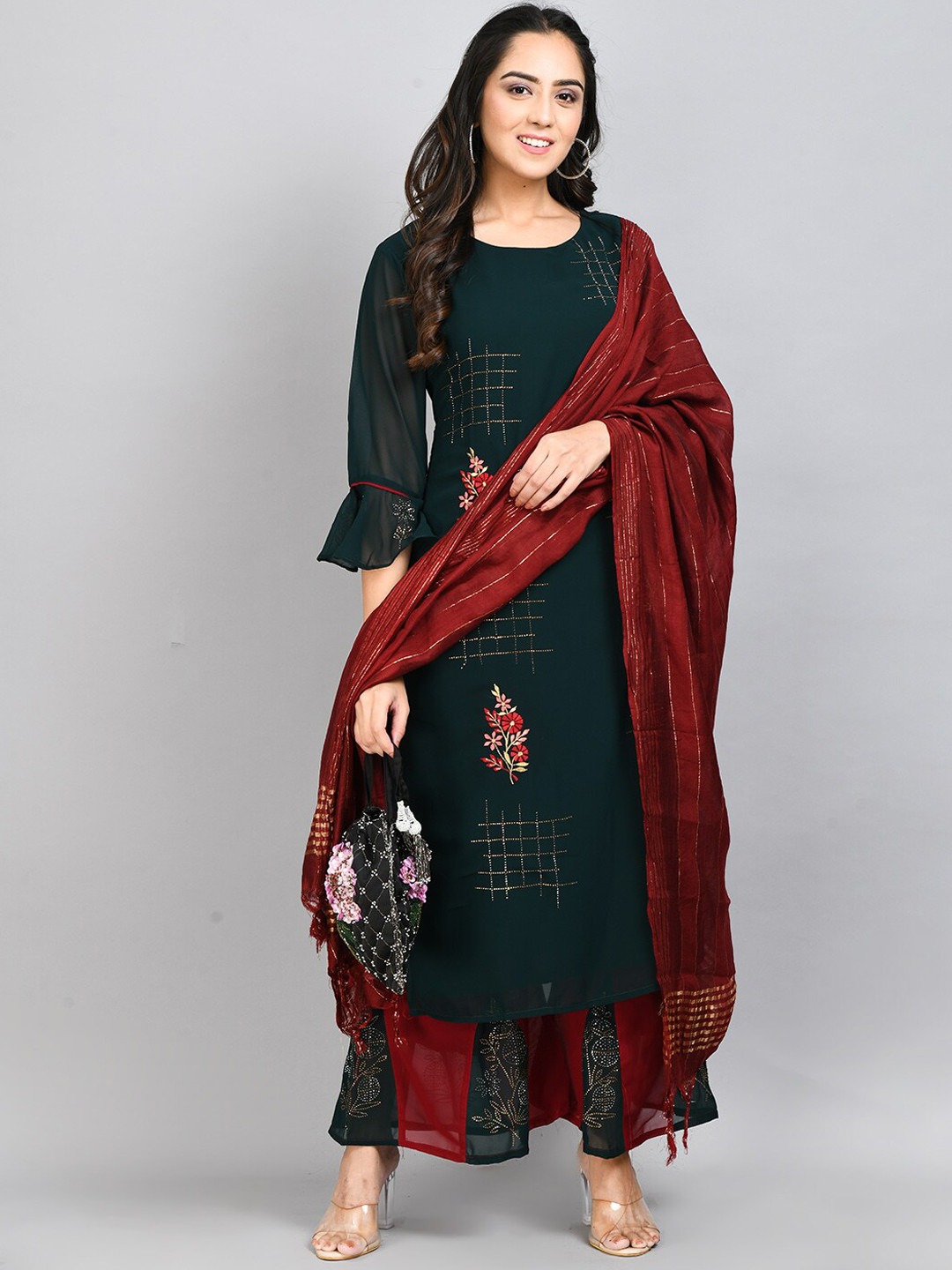

DesiNoor.com Yoke Design Thread Work Kurta With Palazzos & Dupatta, Green