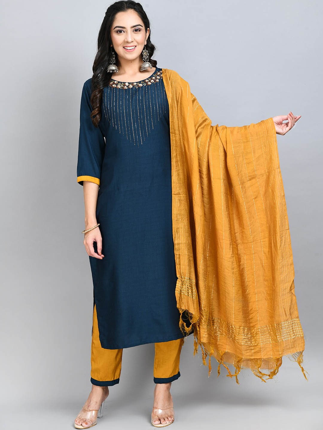 

DesiNoor.com Ethnic Motifs Yoke Design Sequinned Kurta with Trousers & Dupatta, Teal