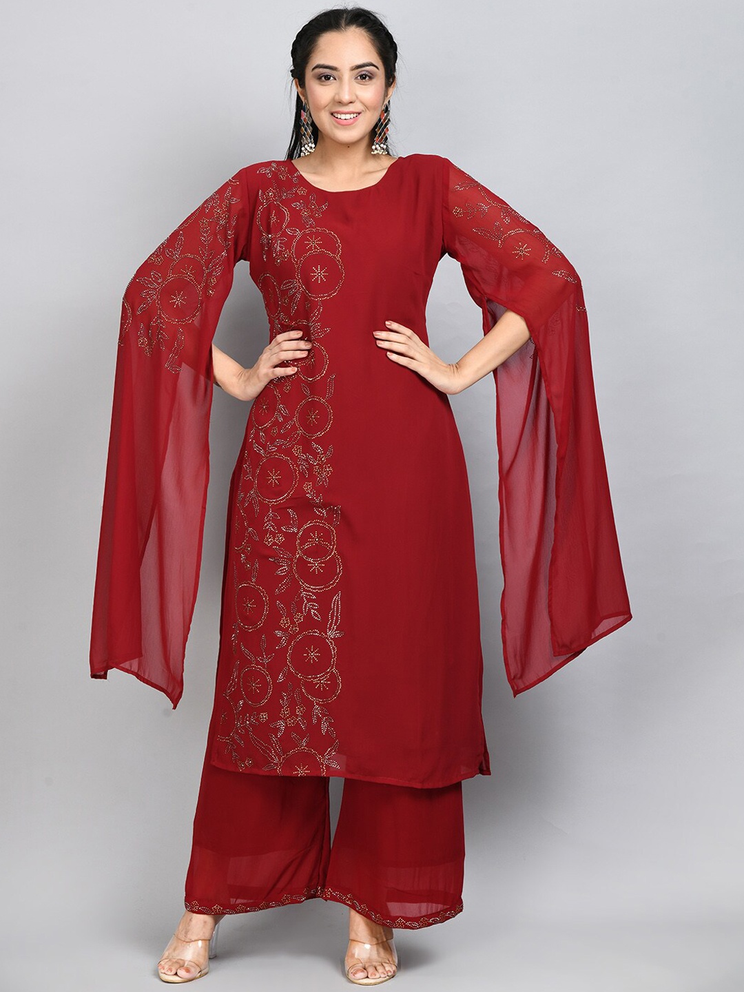 

DesiNoor.com Ethnic Motifs Embroidered Beads & Stones Kurta with Palazzos & Dupatta, Maroon