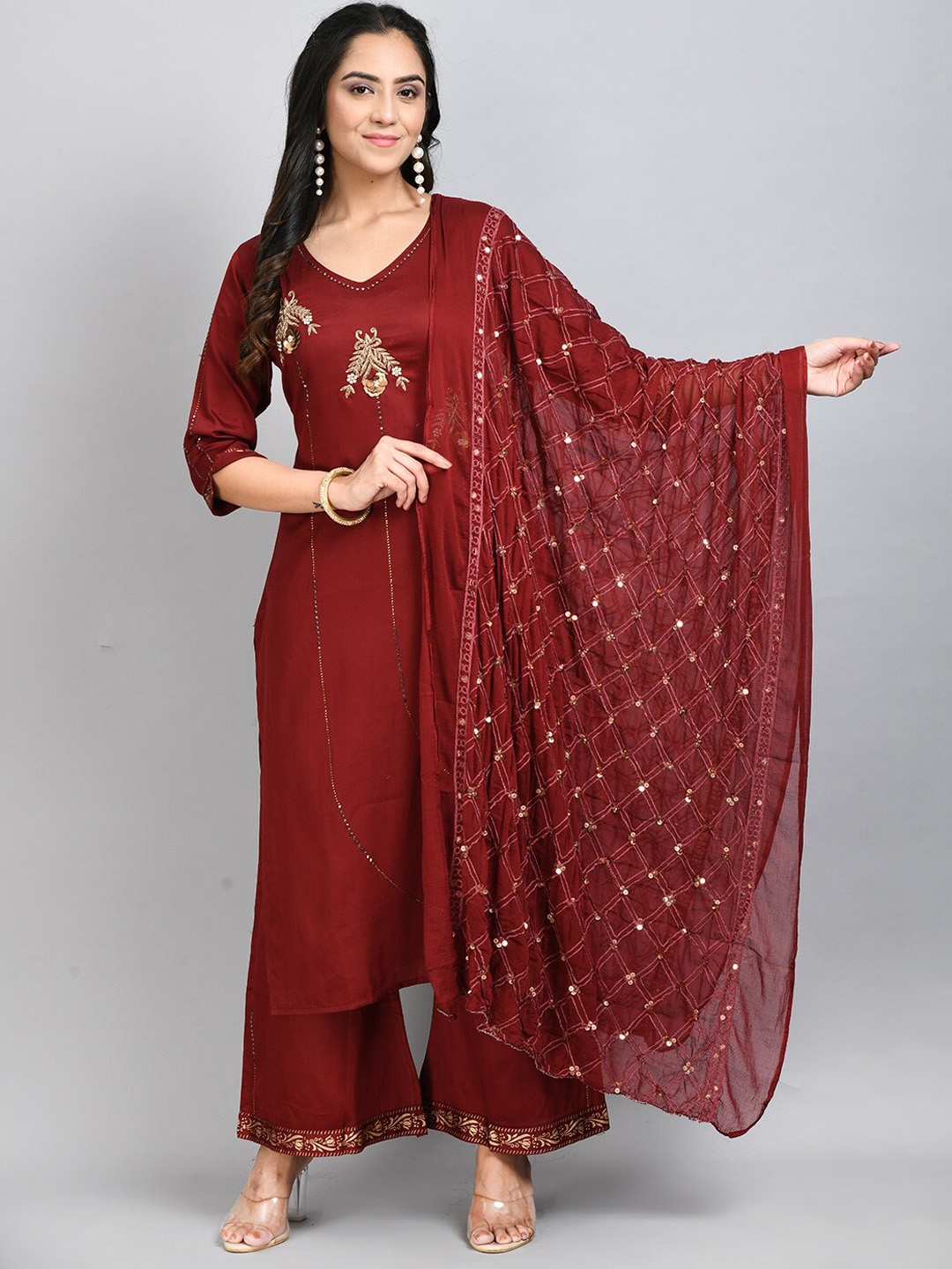 

DesiNoor.com Ethnic Motifs Embroidered Zardozi Kurta with Palazzos & Dupatta, Maroon