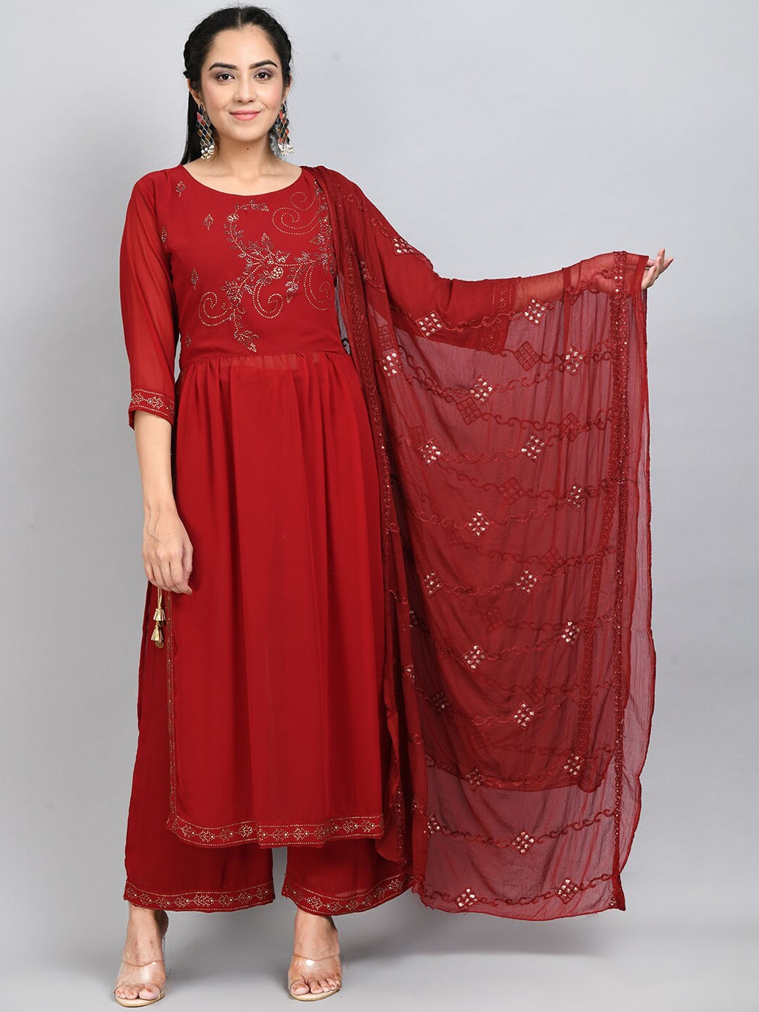 

DesiNoor.com Ethnic Motifs Beads and Stones Kurta with Palazzos & Dupatta, Maroon