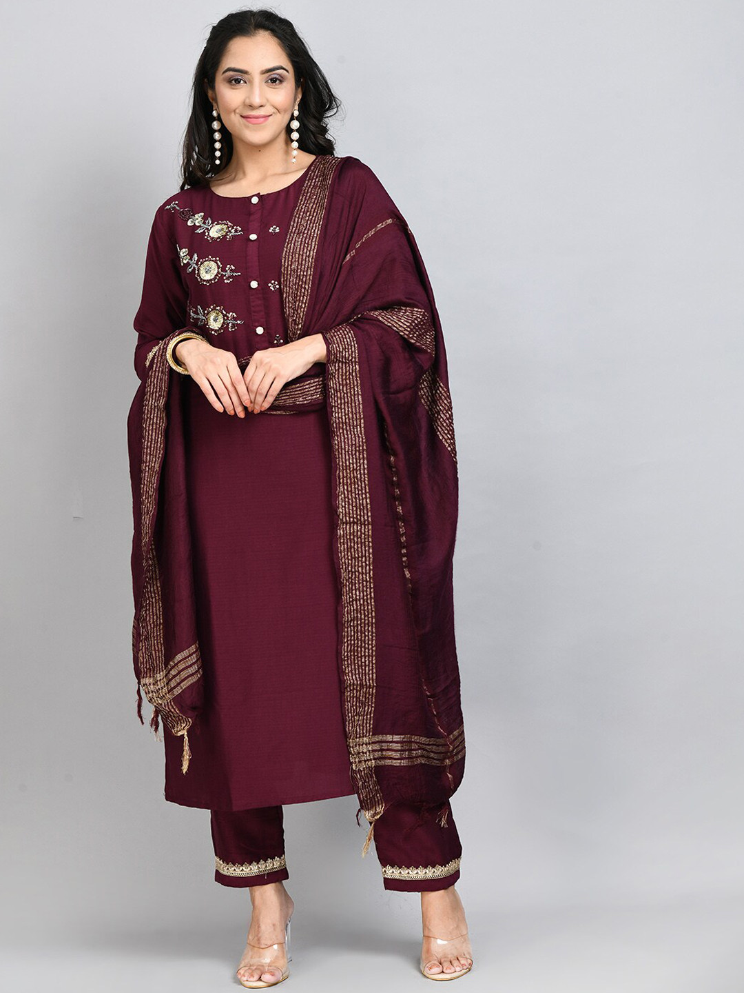 

DesiNoor.com Ethnic Motifs Embroidered Beads & Stones Kurta with Trousers & Dupatta, Purple