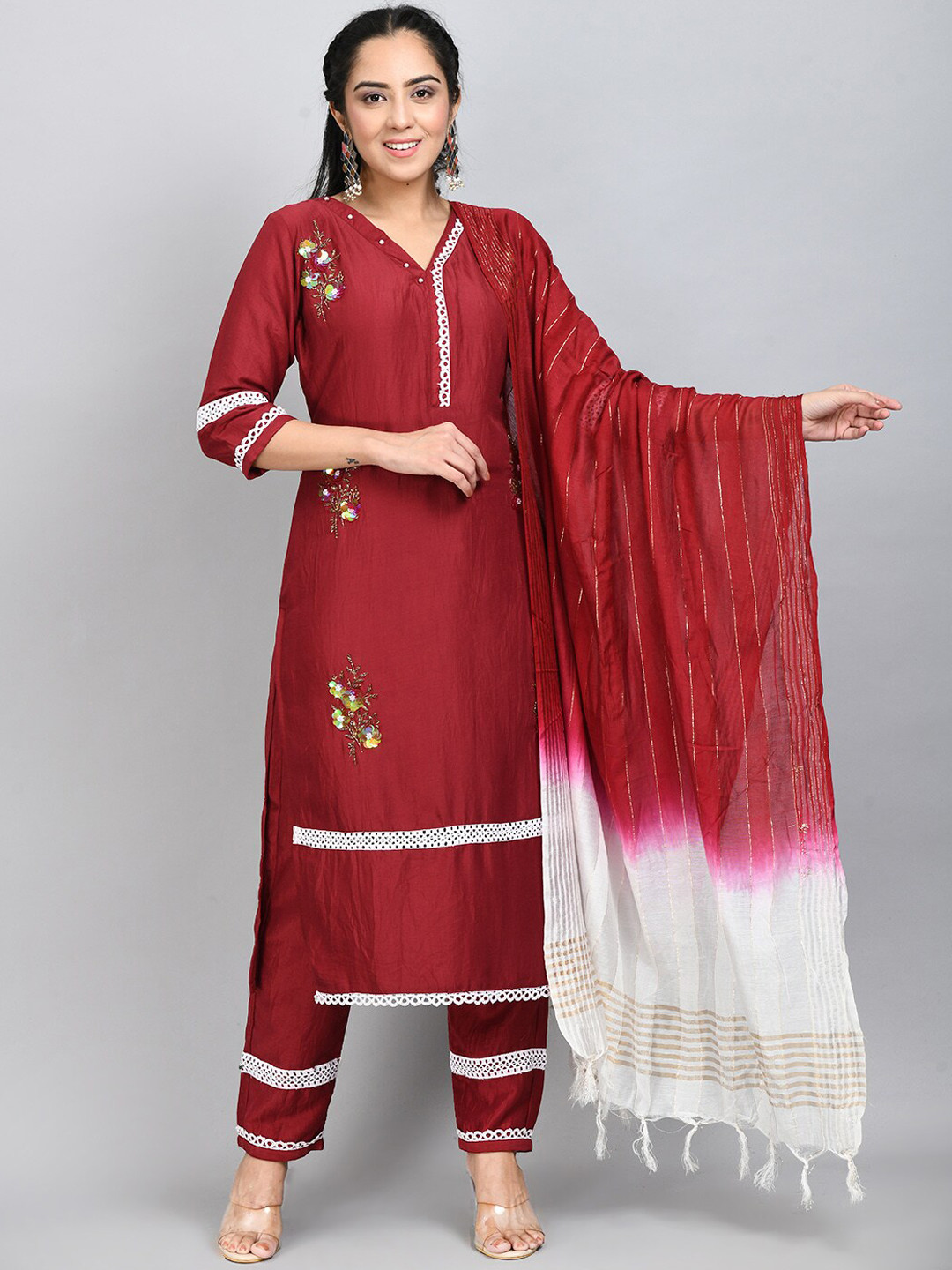 

DesiNoor.com Ethnic Motifs Embroidered Beads & Stones Kurta with Trousers & Dupatta, Maroon