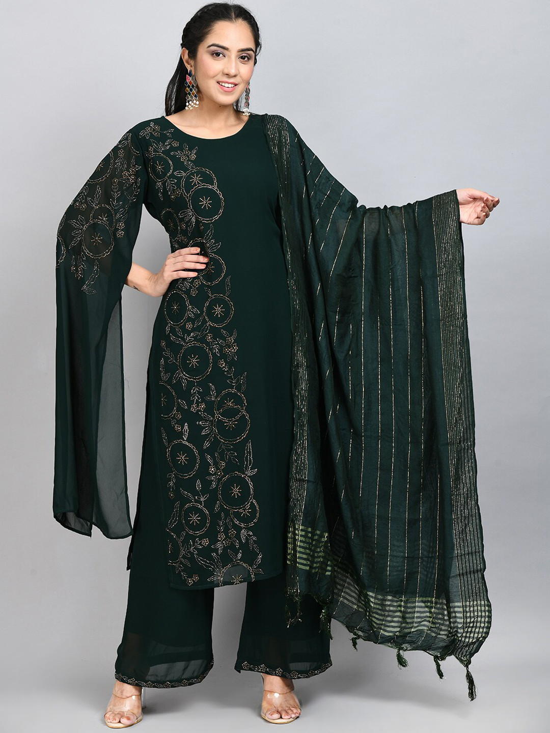

DesiNoor.com Ethnic Motifs Embroidered Beads & Stones Kurta with Palazzos & Dupatta, Green