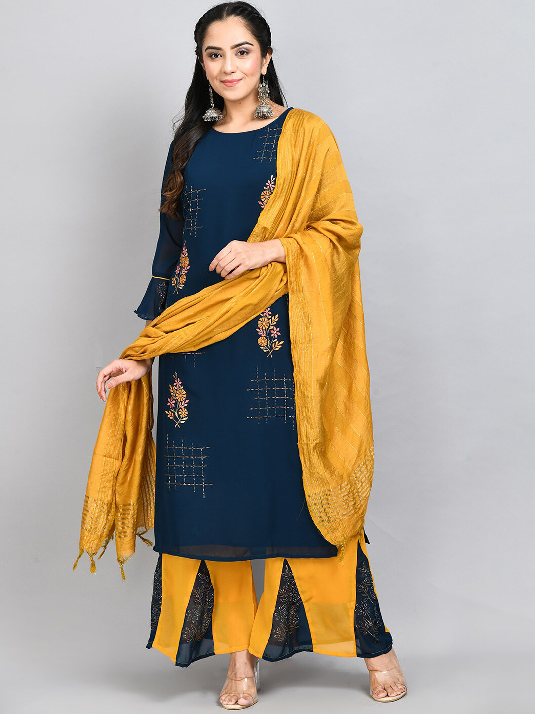 

DesiNoor.com Floral Embroidered Beads & Stones Kurta with Palazzos & Dupatta, Teal