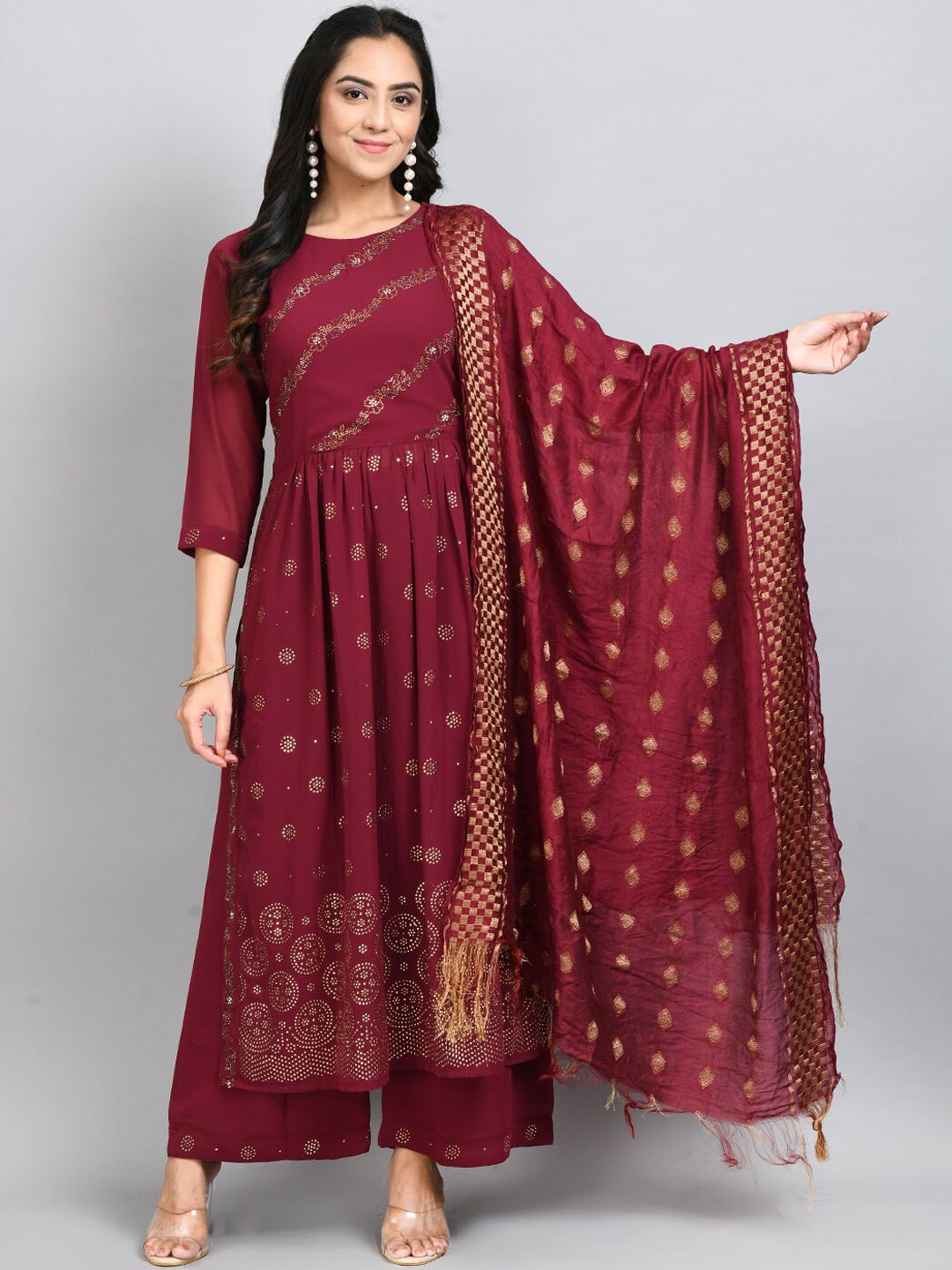 

DesiNoor.com Ethnic Motifs Embroidered Beads & Stones Kurta with Palazzos & Dupatta, Maroon