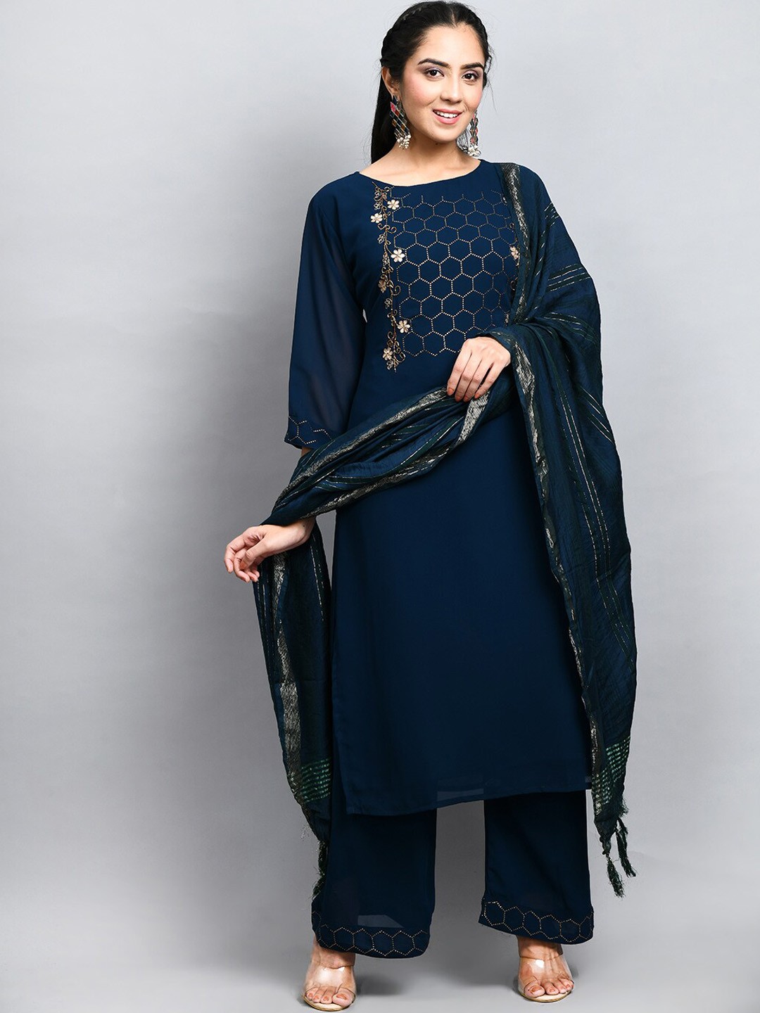 

DesiNoor.com Ethnic Motifs Yoke Design Beads & Stones Kurta with Palazzos & Dupatta, Teal