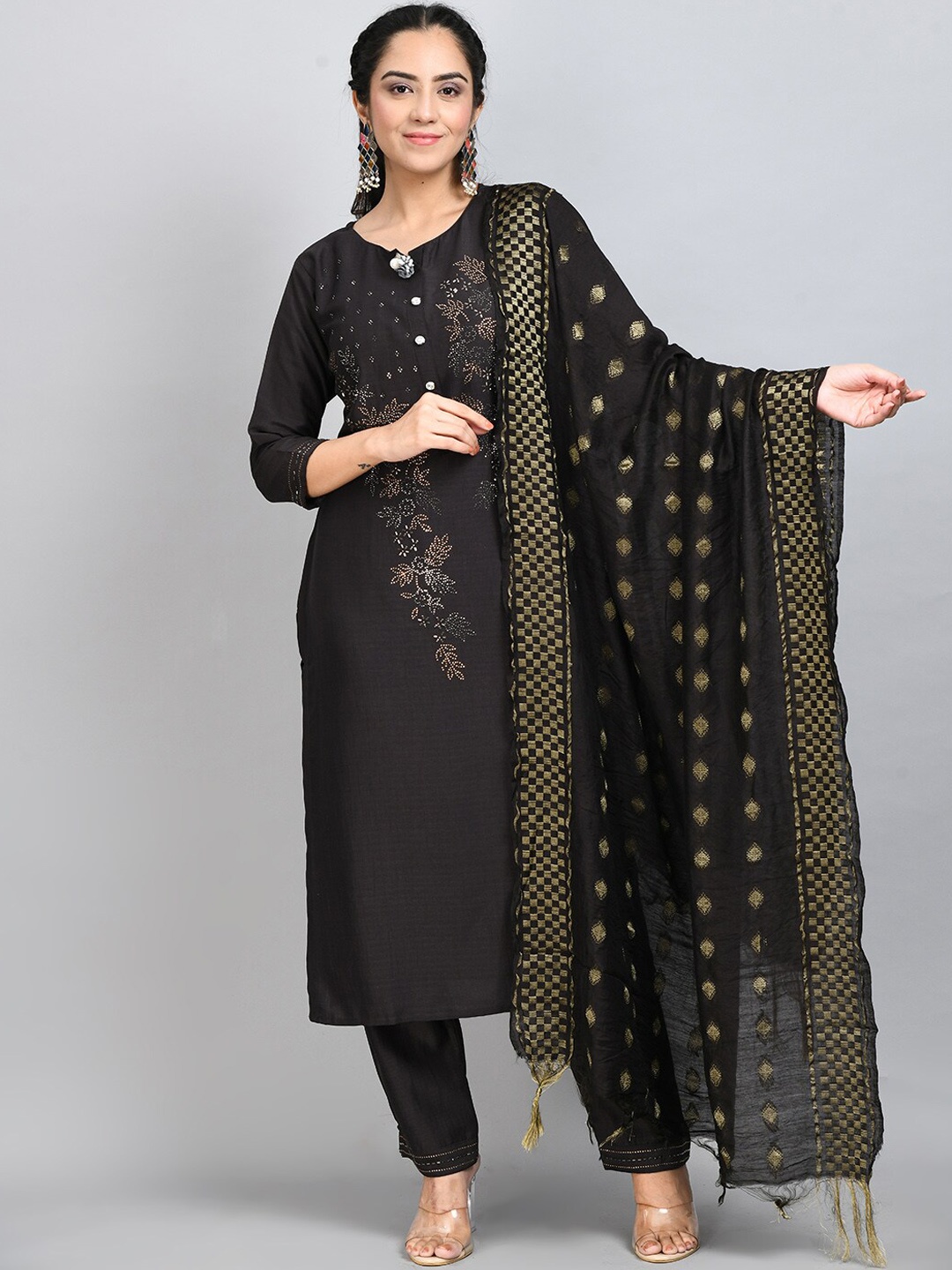 

DesiNoor.com Ethnic Motifs Embroidered Beads & Stones Kurta with Trousers & Dupatta, Grey