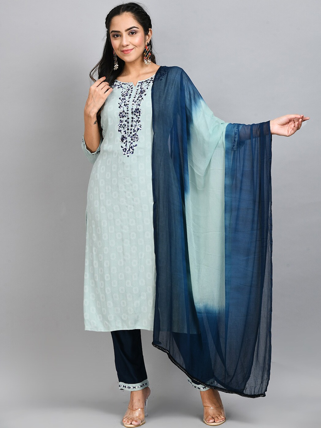 

DesiNoor.com Ethnic Motifs Embroidered Mirror Work Kurta With Trousers & Dupatta, Blue