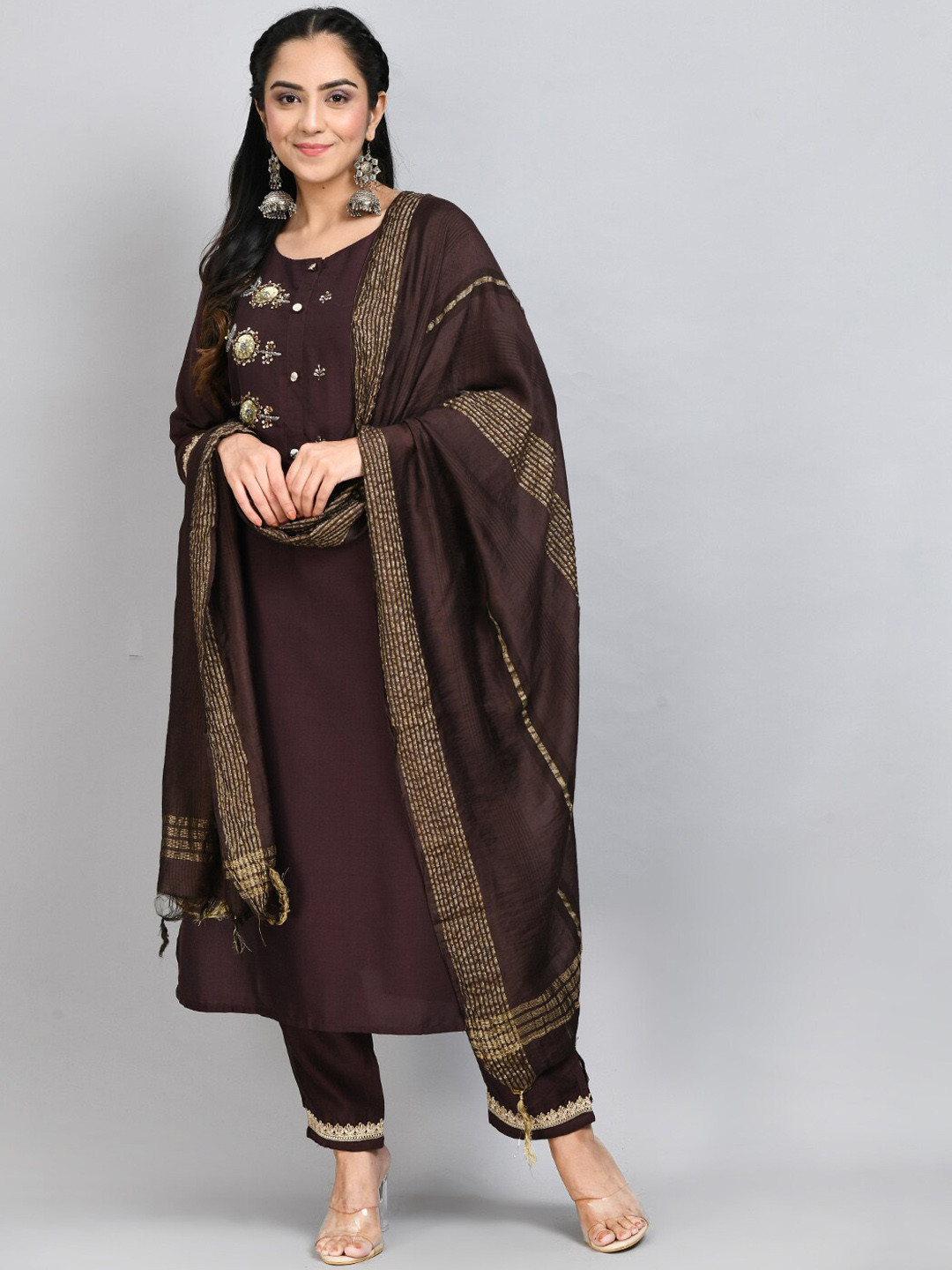 

DesiNoor.com Ethnic Motifs Yoke Design Beads and Stones Kurta With Trousers & Dupatta, Brown