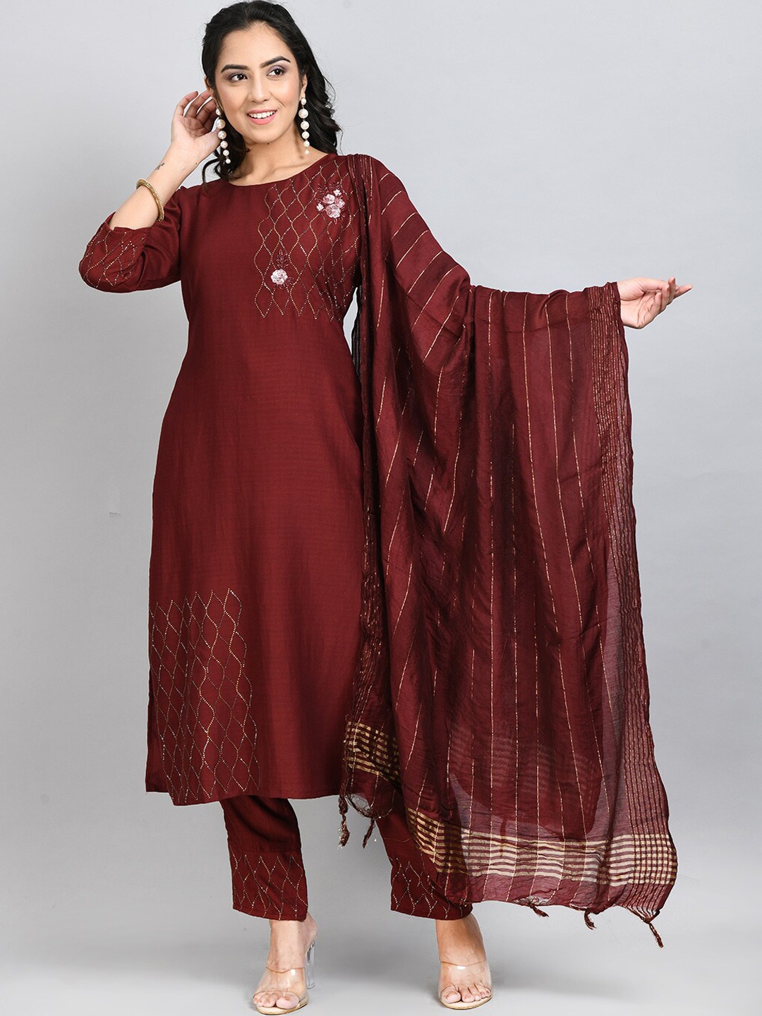 

DesiNoor.com Women Maroon Embroidered Kurta with Trousers & With Dupatta