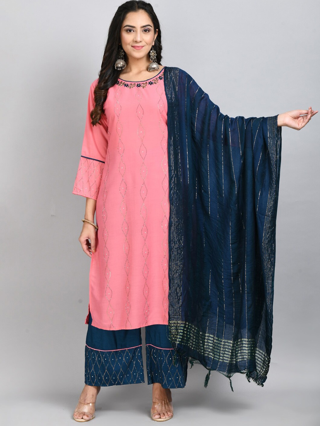 

DesiNoor.com Women Embroidered Kurta with Palazzos & With Dupatta, Pink
