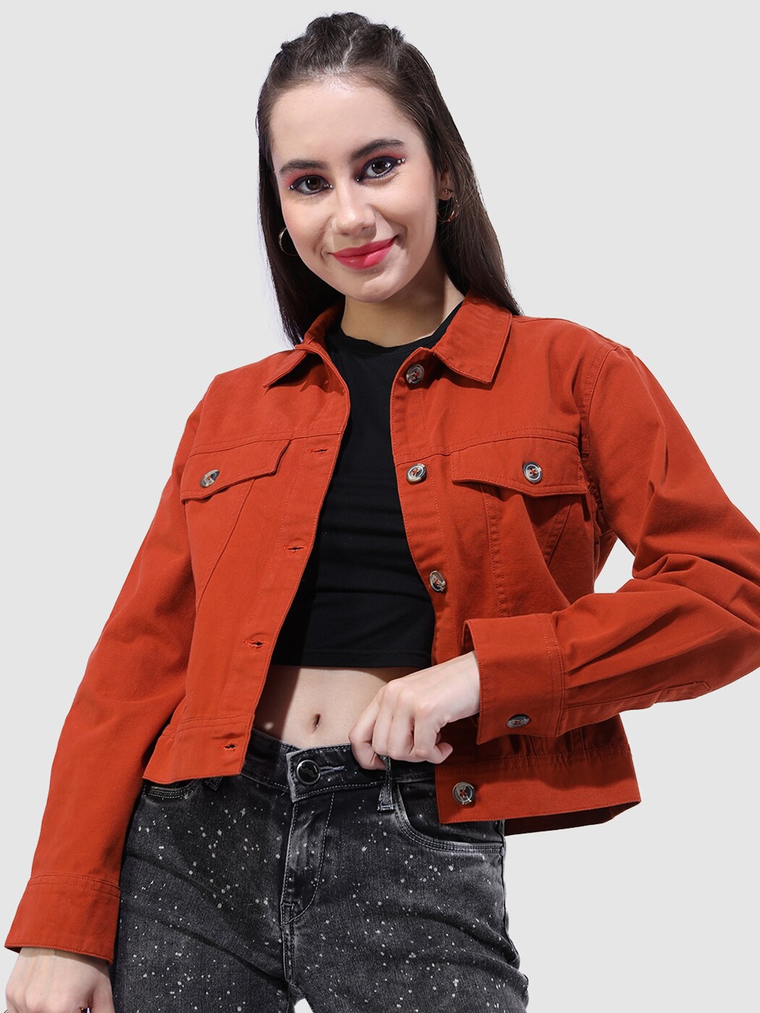 

Freehand by The Indian Garage Co Women Crop Cotton Outdoor Open Front Jacket, Rust