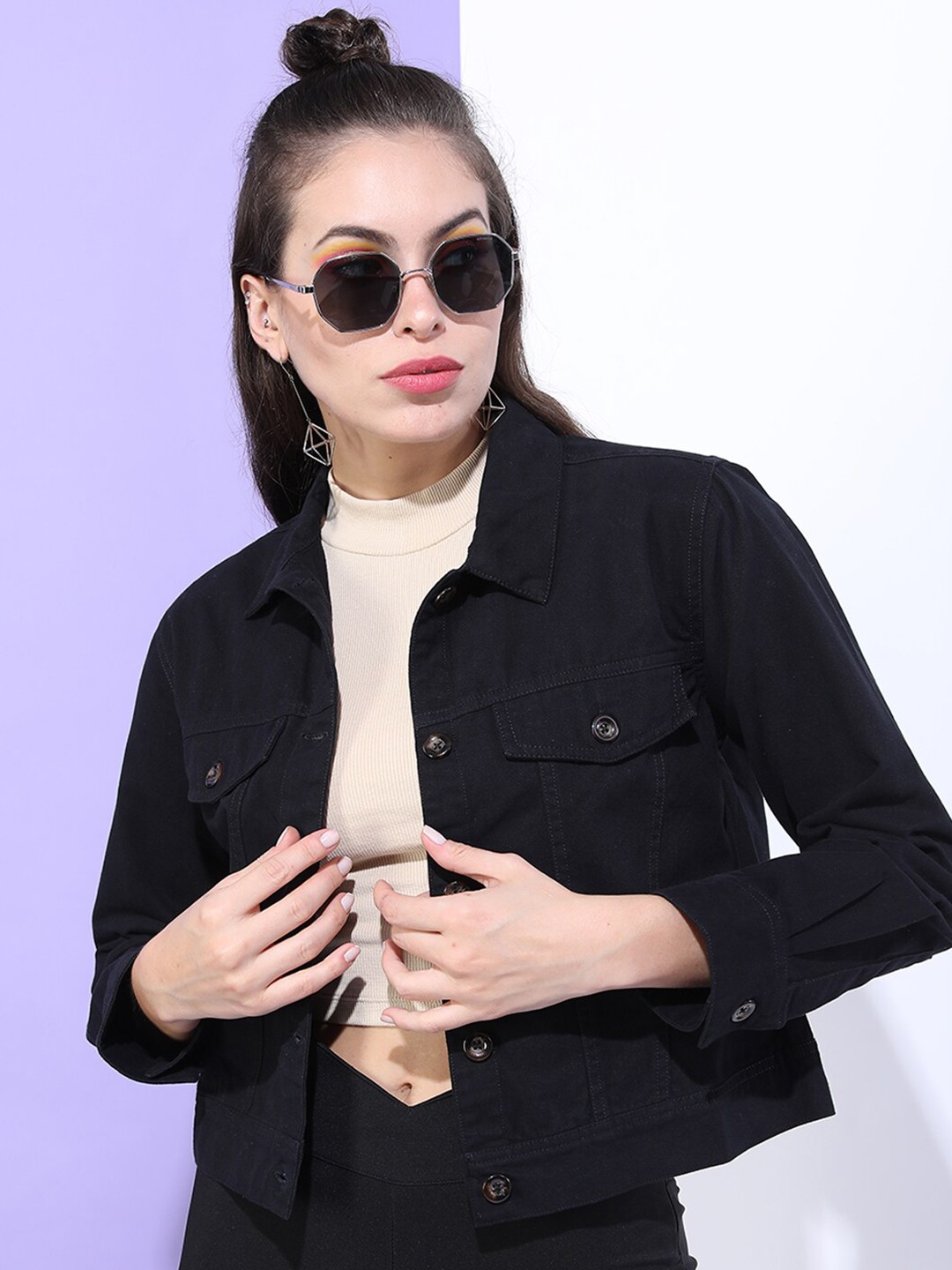 

Freehand by The Indian Garage Co Women Cotton Crop Outdoor Denim Jacket, Black
