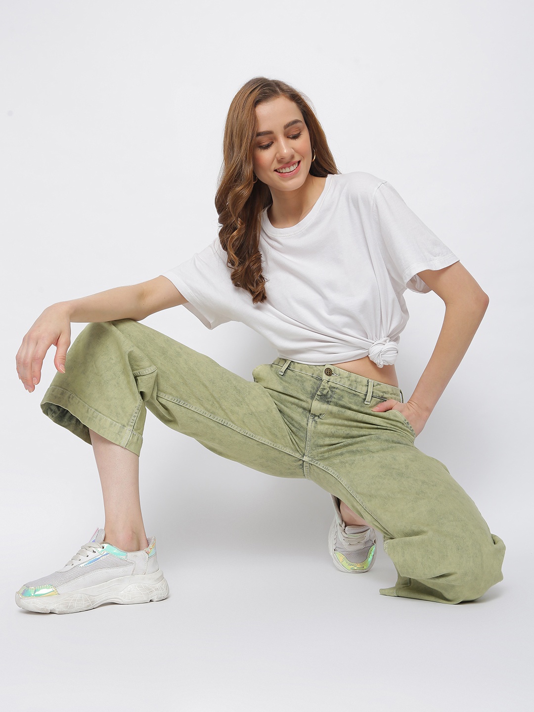 

TALES & STORIES Women Cotton Wide Leg Stretchable Jeans, Olive