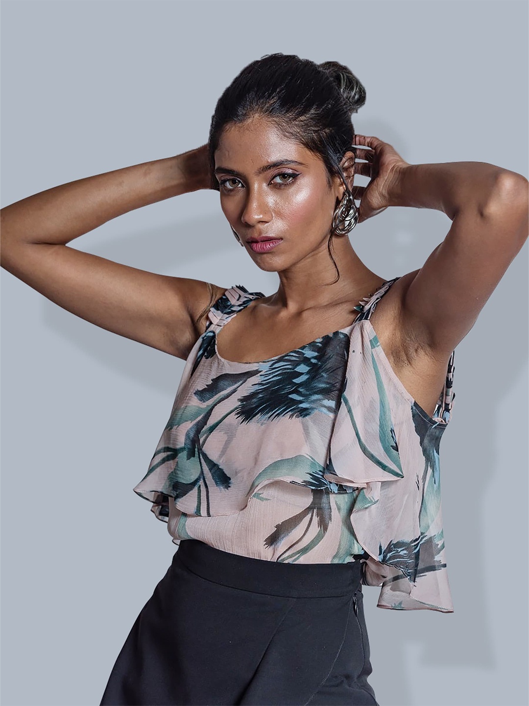 

MODWEE Floral Print Ruffles Georgette Top, Pink