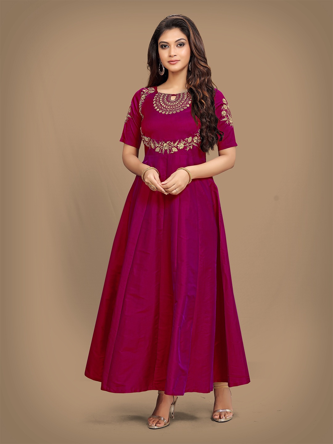 

Sarvayog Fashion Floral Embroidered Liva Empire Anarkali Ethnic Dress, Purple