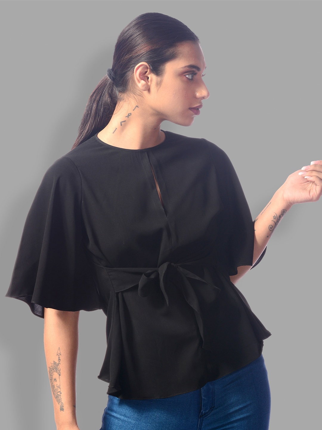 

MODWEE Round Neck Wrap Top, Black