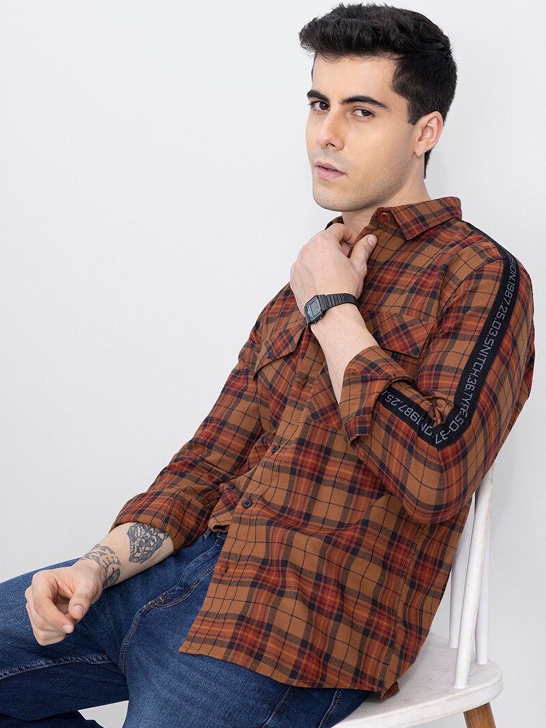 

Snitch Men Slim Fit Tartan Checked Cotton Casual Shirt, Orange