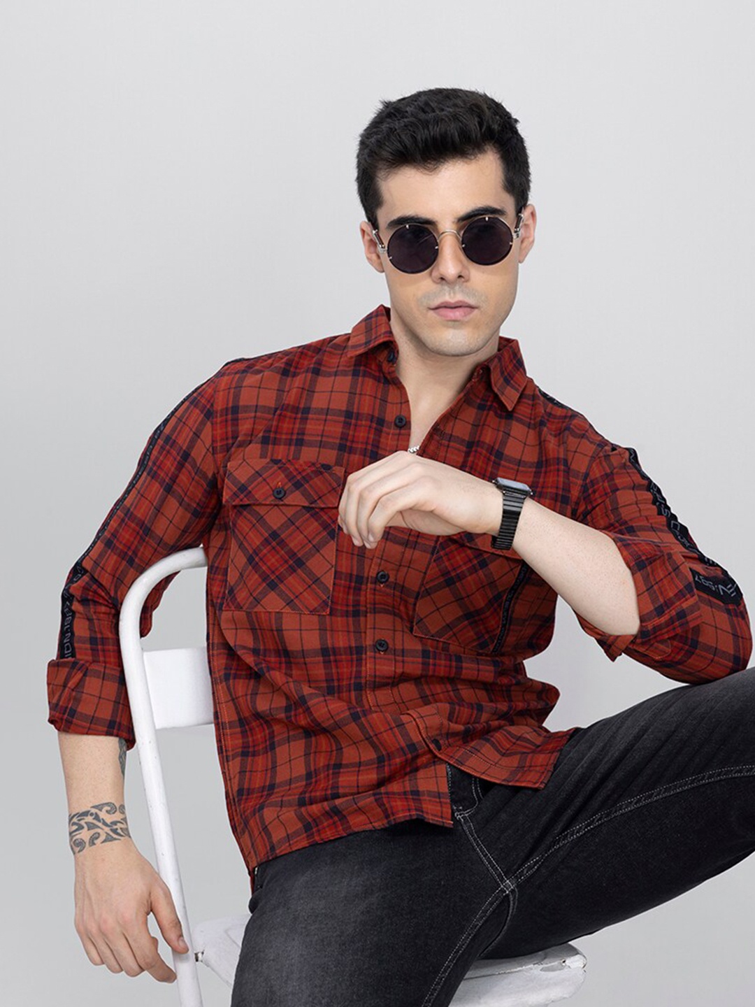 

Snitch Men Slim Fit Tartan Checked Cotton Casual Shirt, Red