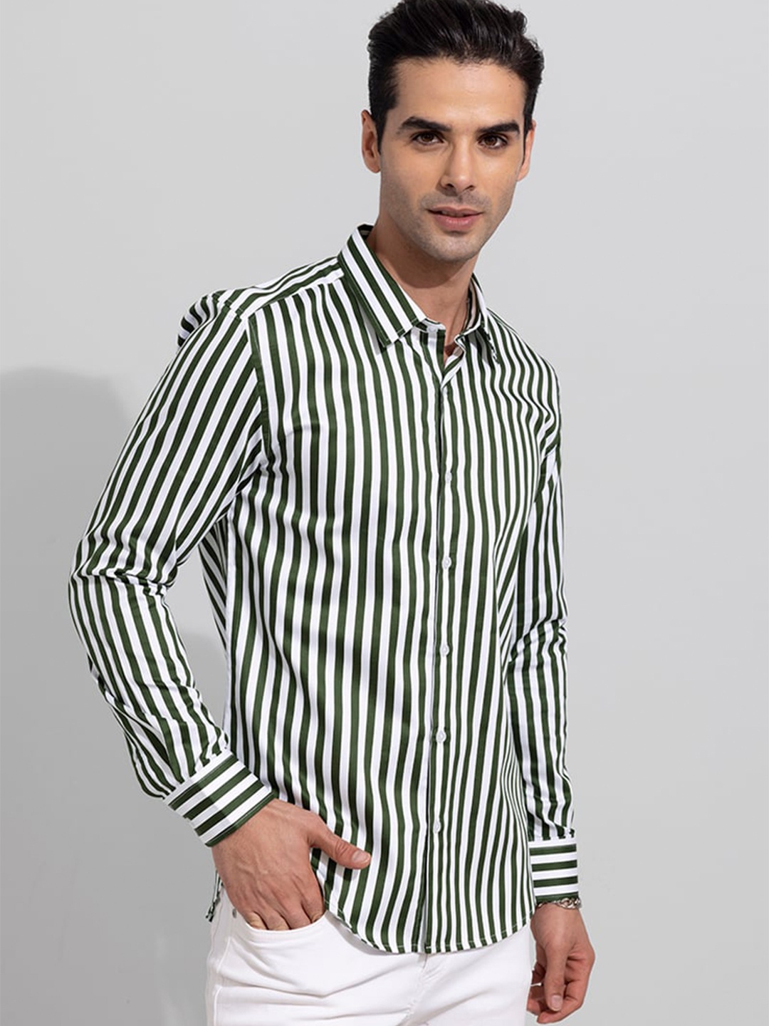 

Snitch Men Slim Fit Striped Casual Shirt, Olive