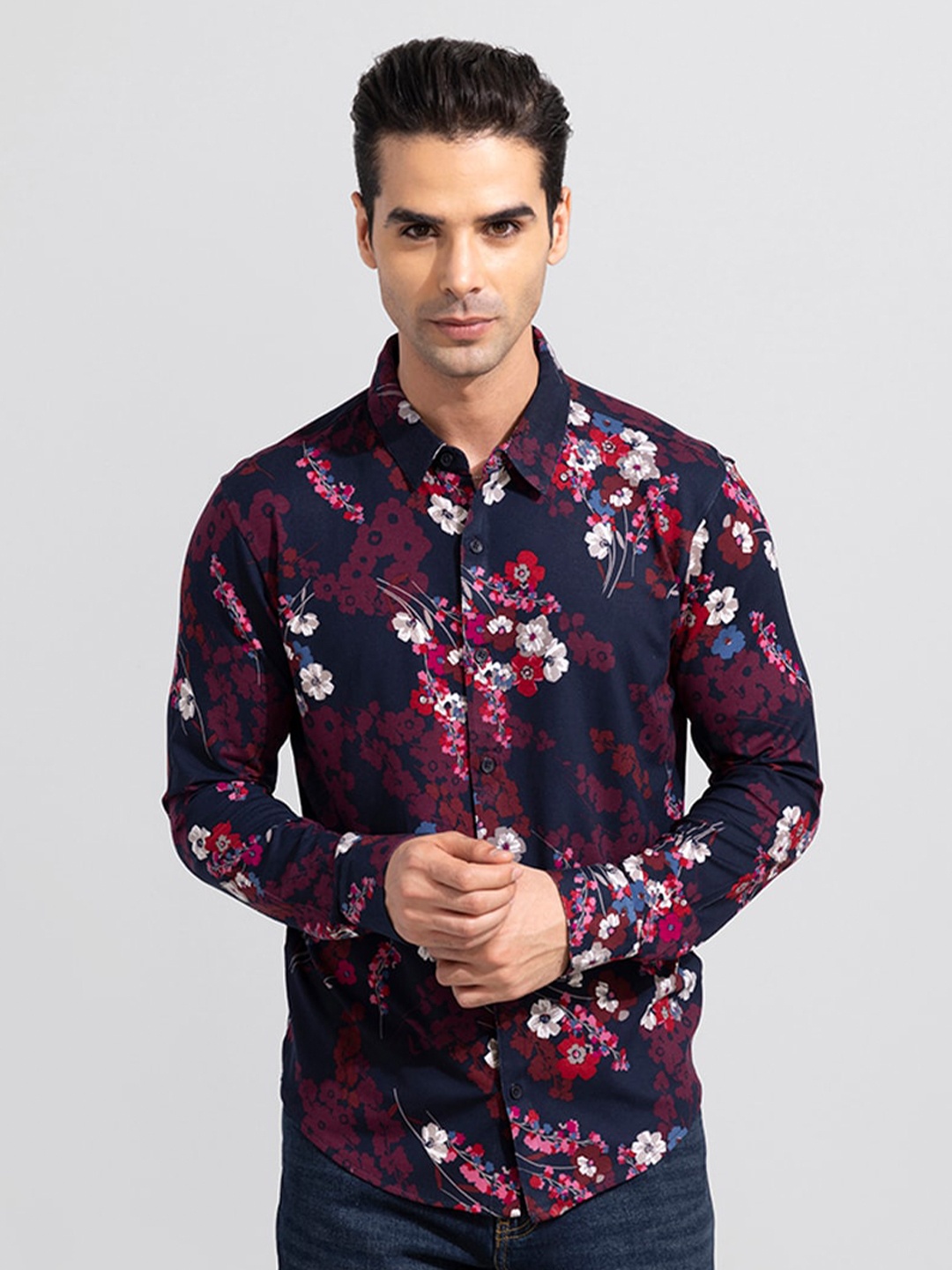 

Snitch Men Slim Fit Floral Printed Cotton Casual Shirt, Blue