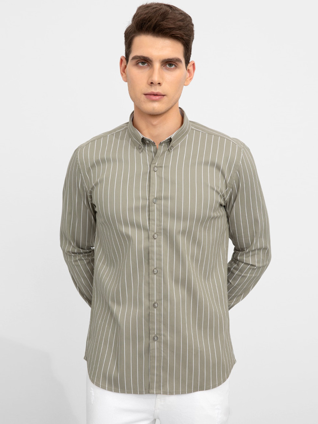 

Snitch Men Slim Fit Striped Cotton Casual Shirt, Olive