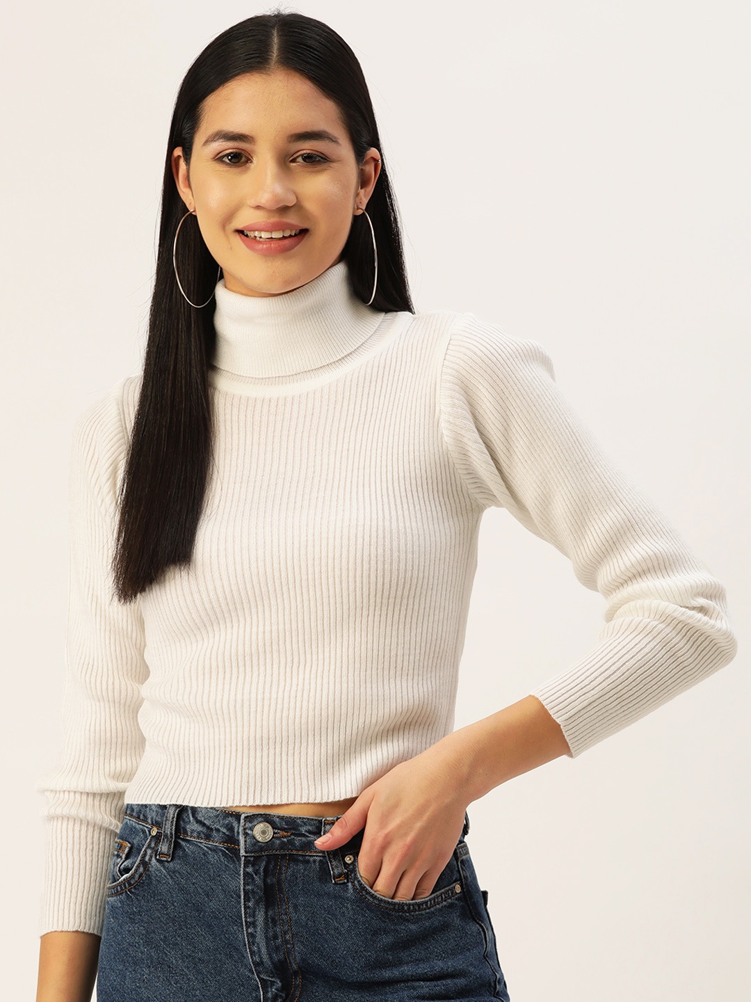 

Berrylush BASICS Women Acrylic Turtle Neck Ribbed Crop Sweater, White