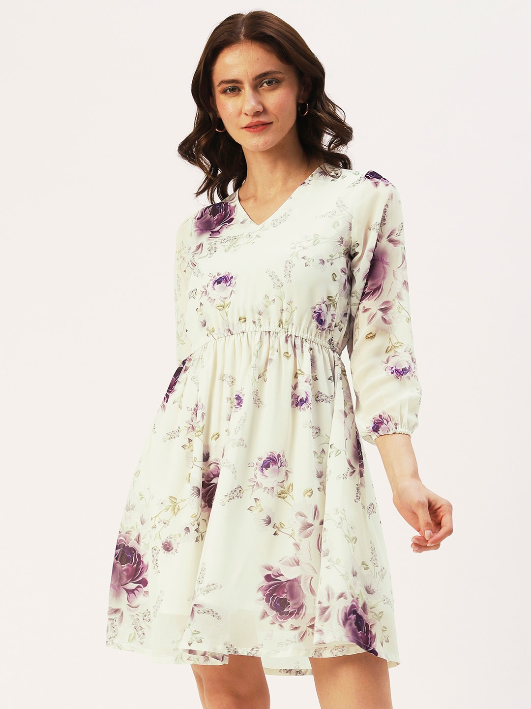 

DressBerry V-Neck Floral Printed Dress, Cream