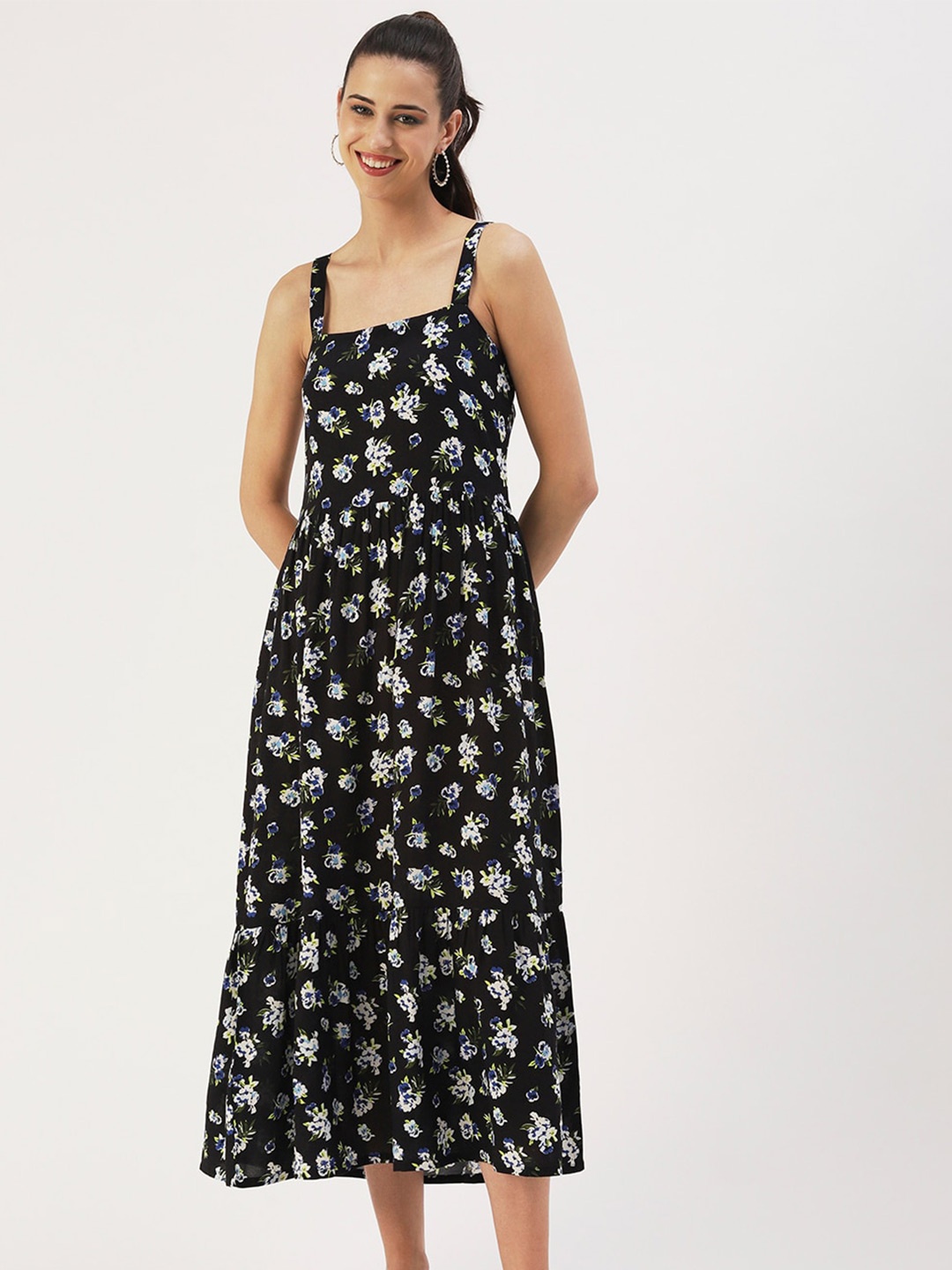 

DressBerry Shoulder Straps Floral Midi Dress, Black