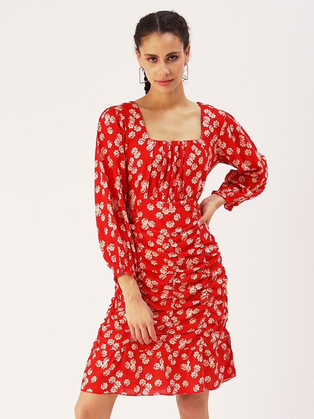 

DressBerry Square Neck Floral A-Line Dress, Red