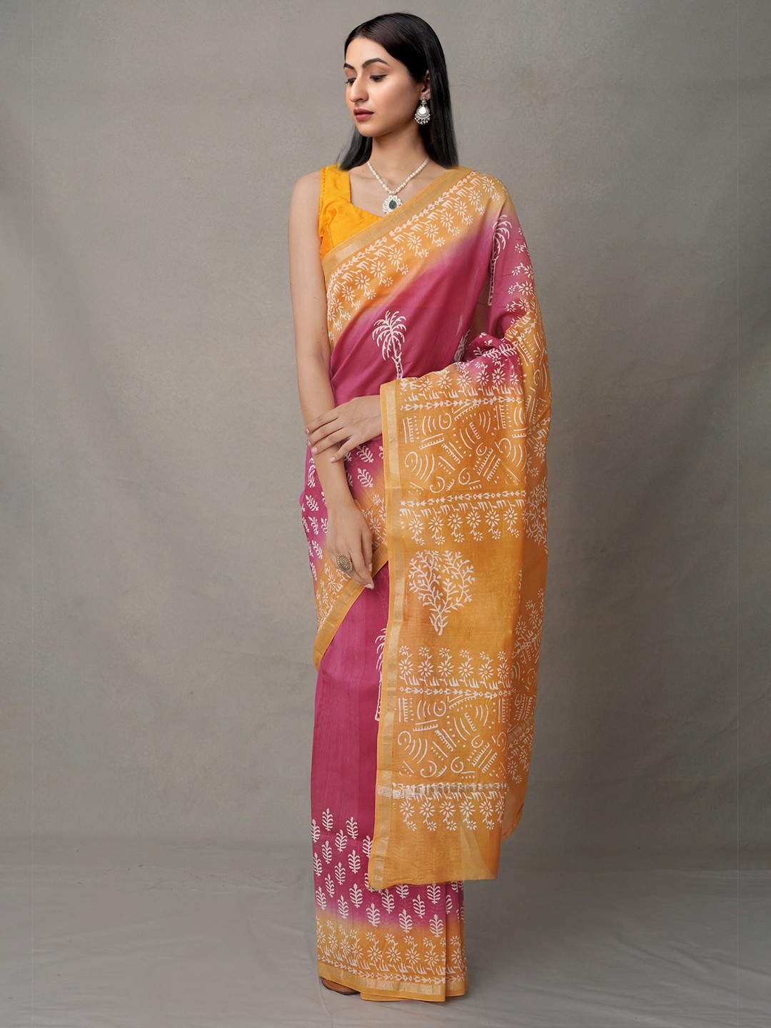 

Unnati Silks Ethnic Motifs Printed Silk Cotton Saree, Pink