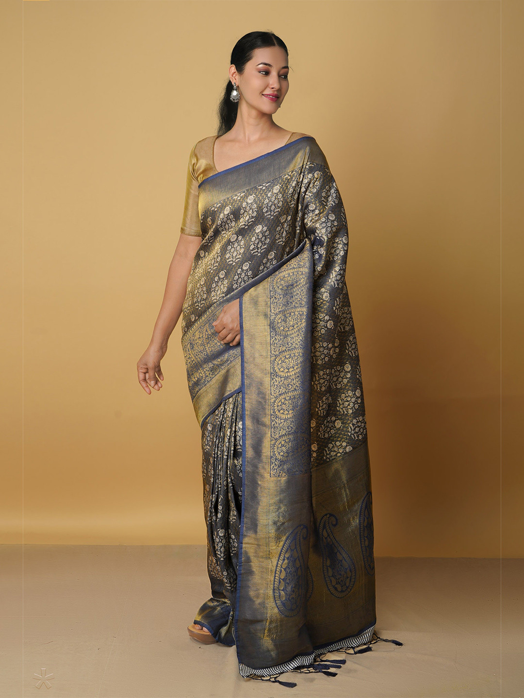 

Unnati Silks Ethnic Motifs Zari Silk Cotton Saree, Navy blue