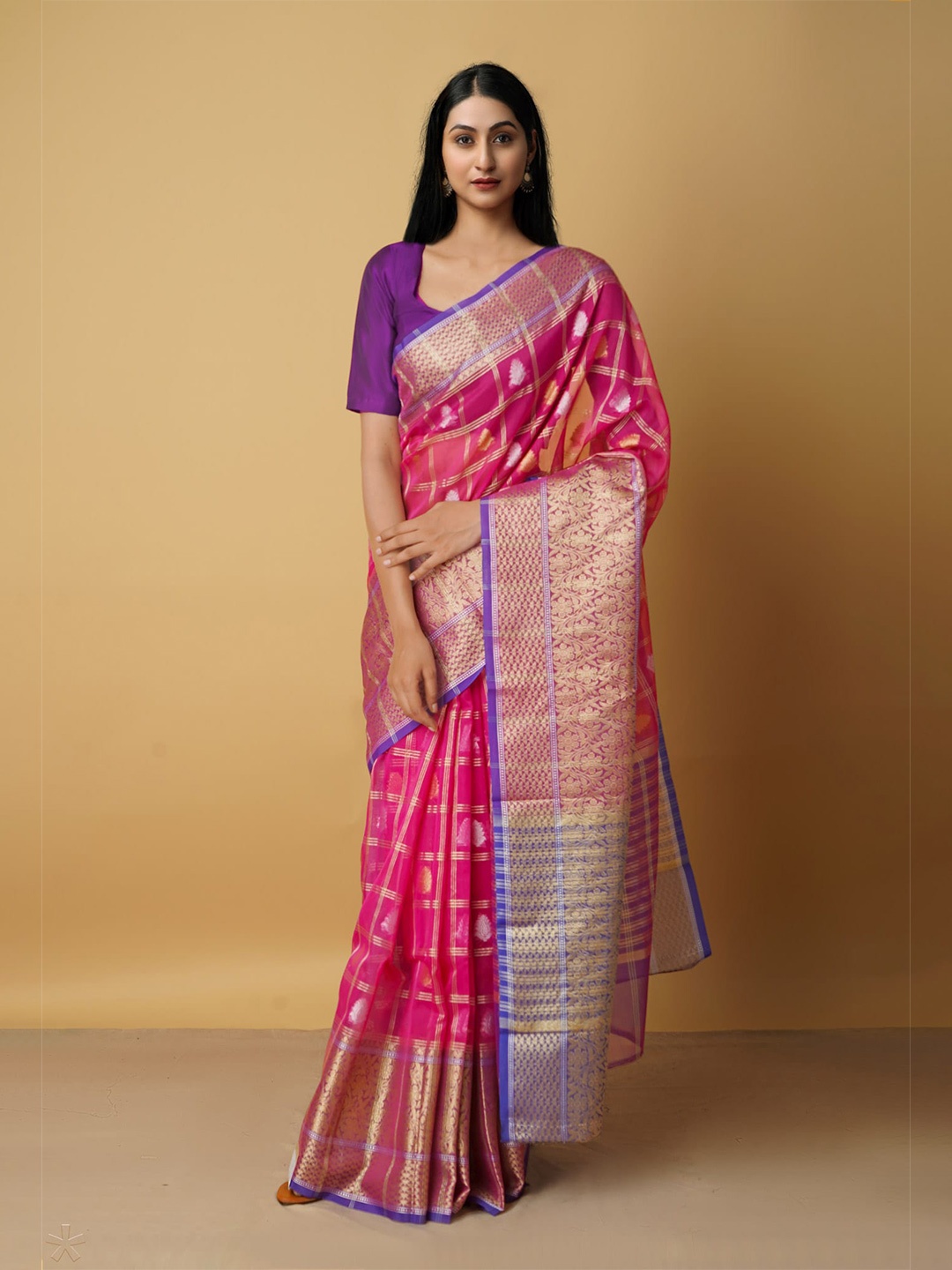 

Unnati Silks Woven Design Zari Silk Cotton Banarasi Saree, Pink