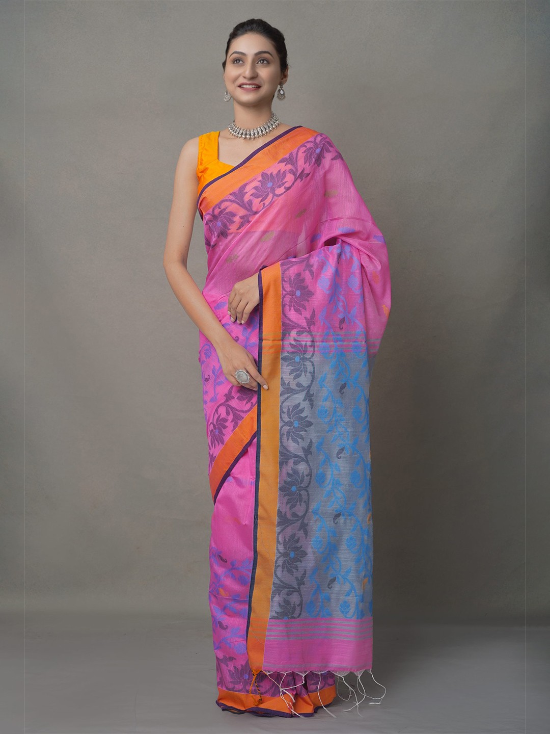 

Unnati Silks Ethnic Motifs Pure Linen Jamdani Saree, Pink