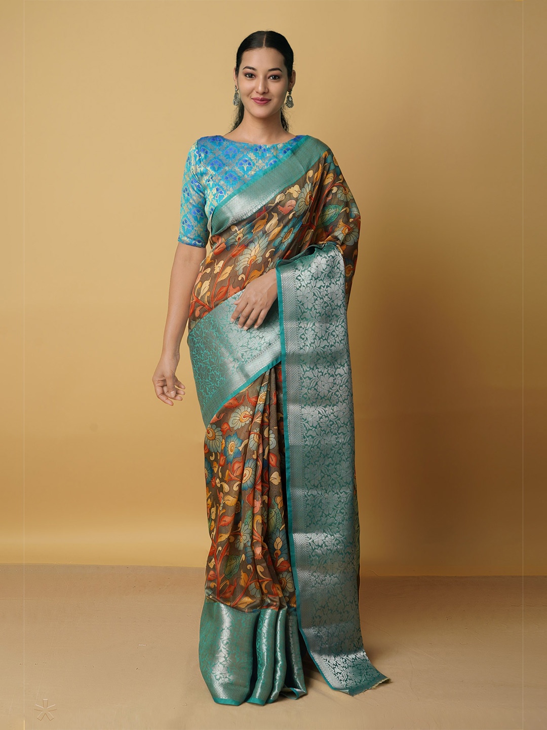 

Unnati Silks Floral Zari Silk Cotton Kanjeevaram Saree, Green
