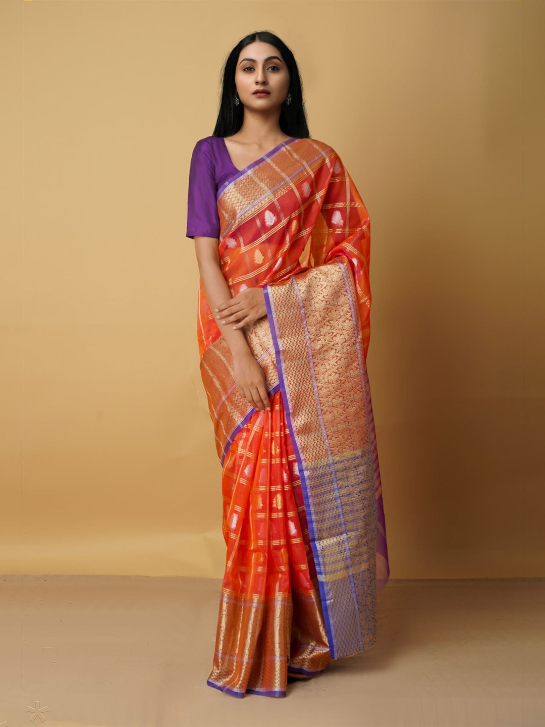 

Unnati Silks Woven Design Zari Silk Cotton Banarasi Saree, Orange