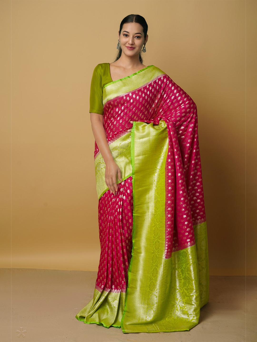 

Unnati Silks Woven Design Zari Silk Cotton Kanjeevaram Saree, Pink